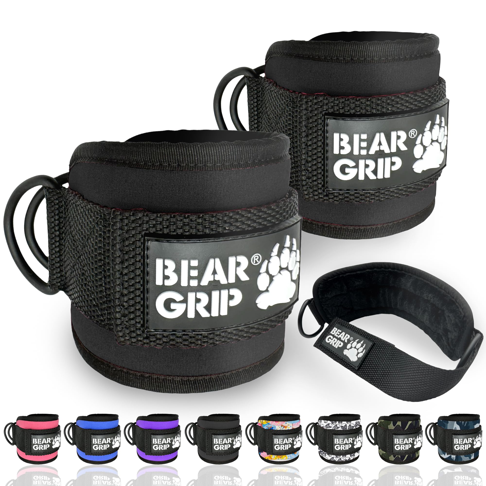 BEAR GRIP - Ankle Straps for Cables with New Fleece Design, Strong Closure, Double Stainless Steel D-Ring, Adjustable Neoprene - For Men & Women