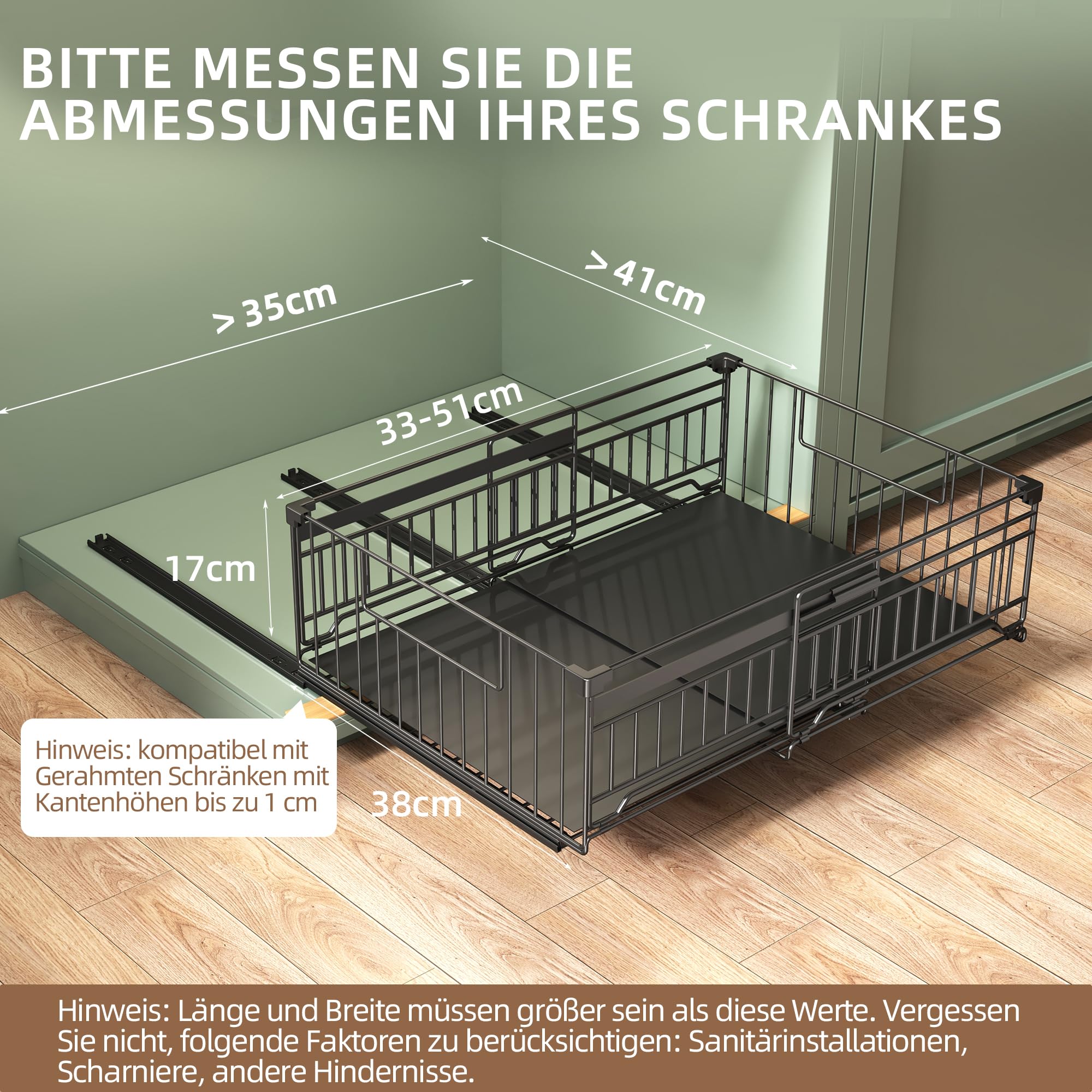 NETEL 2 Stück teleskopschublade, ausziehbare schublade küche,schubfach ohne bohren,ausziehbare schrankkörbe,küchenschubladen,ausziehbarer schrank-organizer,Schwarz,33-51W x 38D x 17H CM