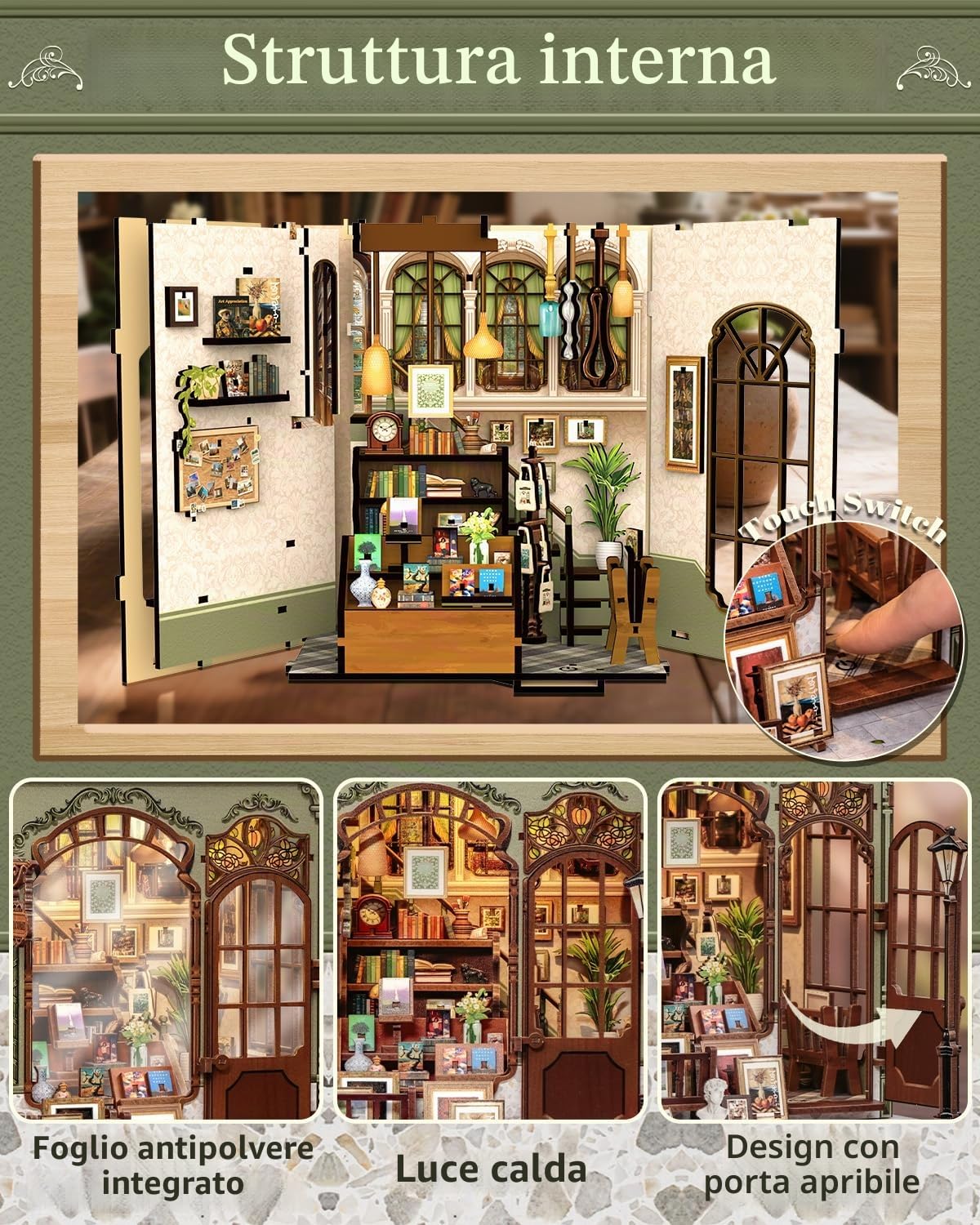 CUTEBEE Book Nook: Kit Casetta Fai da Te, Miniatura Retro in Legno 3D, Fermalibri Decorazione (Gellery Bookstore)