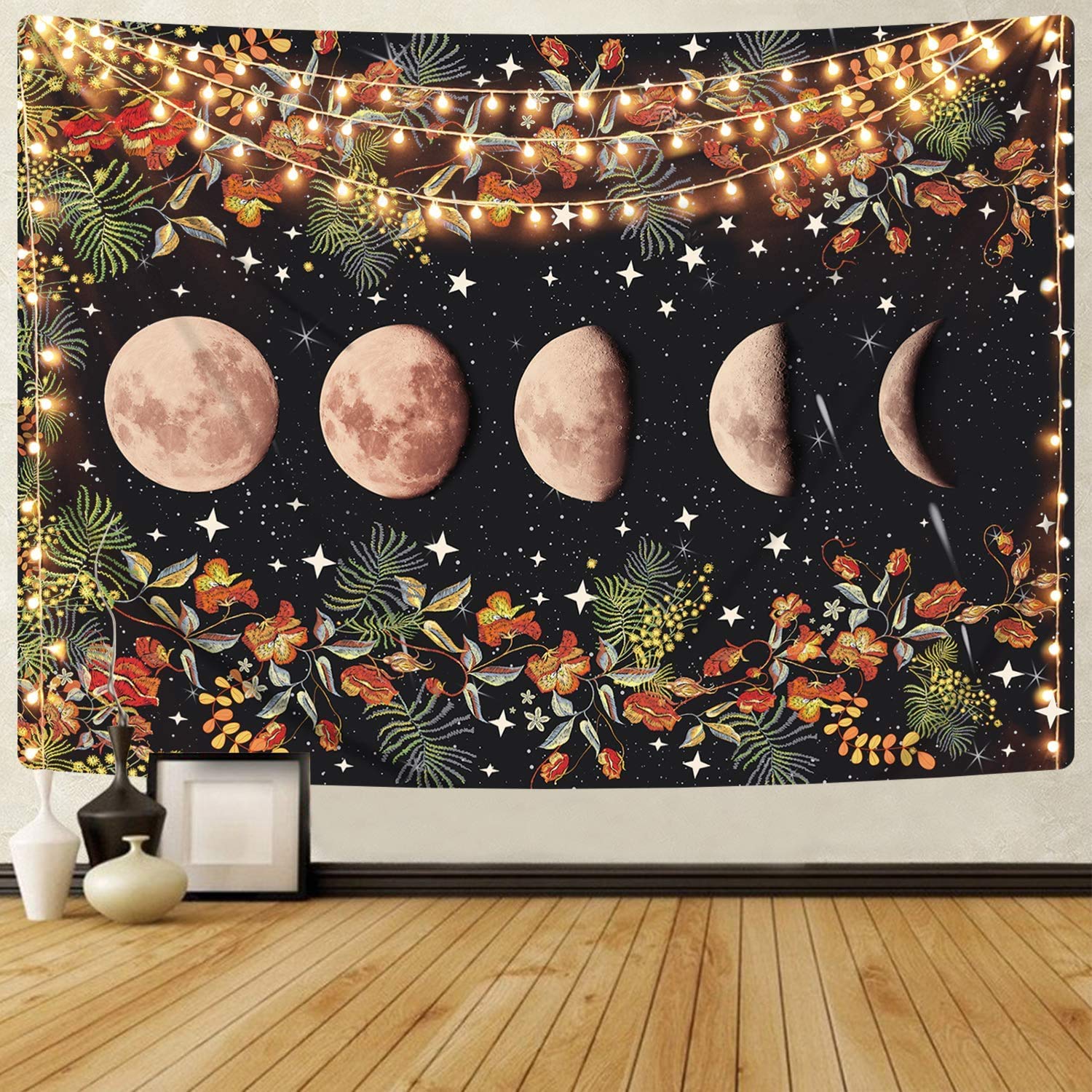 kiki Moonlit Garden Tapestry, Moon Phase Tapestries Flower Vine Tapestry Black Background Floral Tapestry Wall Hanging for Room(51.2ʺ × 59.1ʺ)