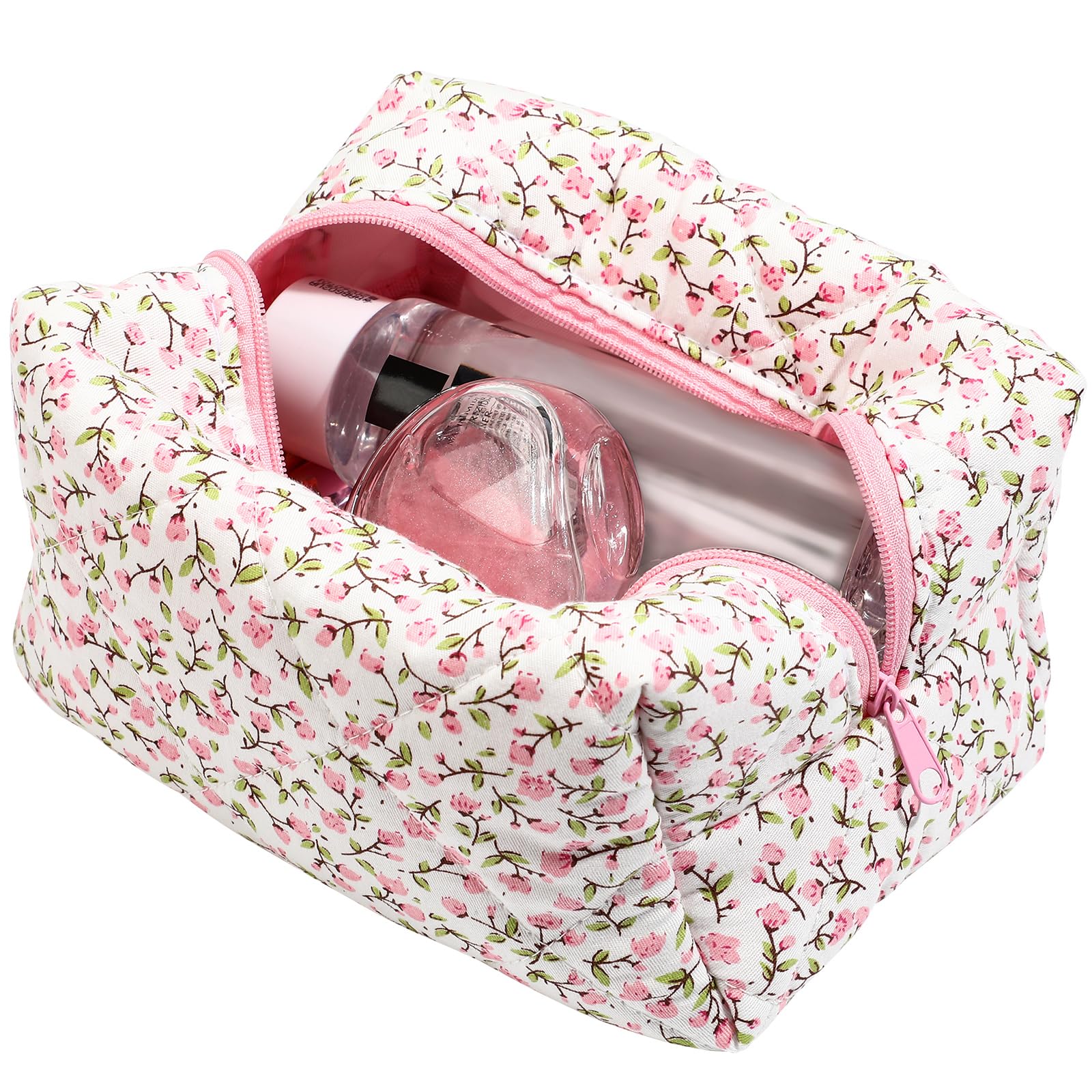 GALPADACute Makeup Bag for Women, Travel Cosmetic Bag, Large Quilted Coquette Aesthetic Floral Travel Toiletry Organizer Bag (Pink)