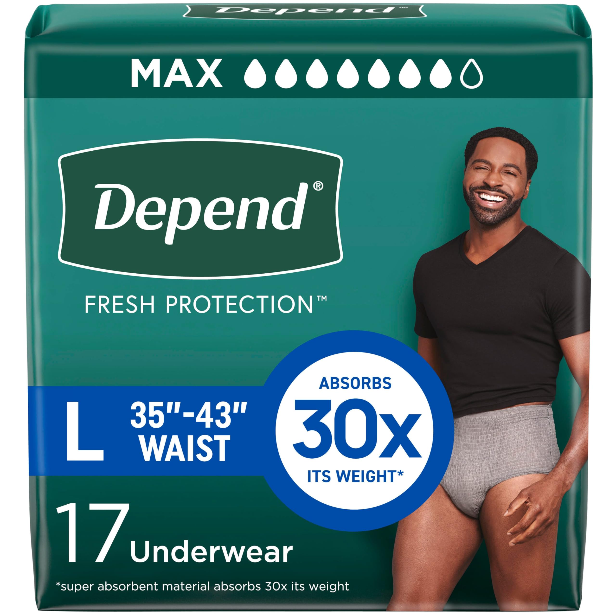 Depend FIT-Flex Incontinence Underwear for Men, Maximum Absorbency, Disposable, Large, Grey, 17 Count