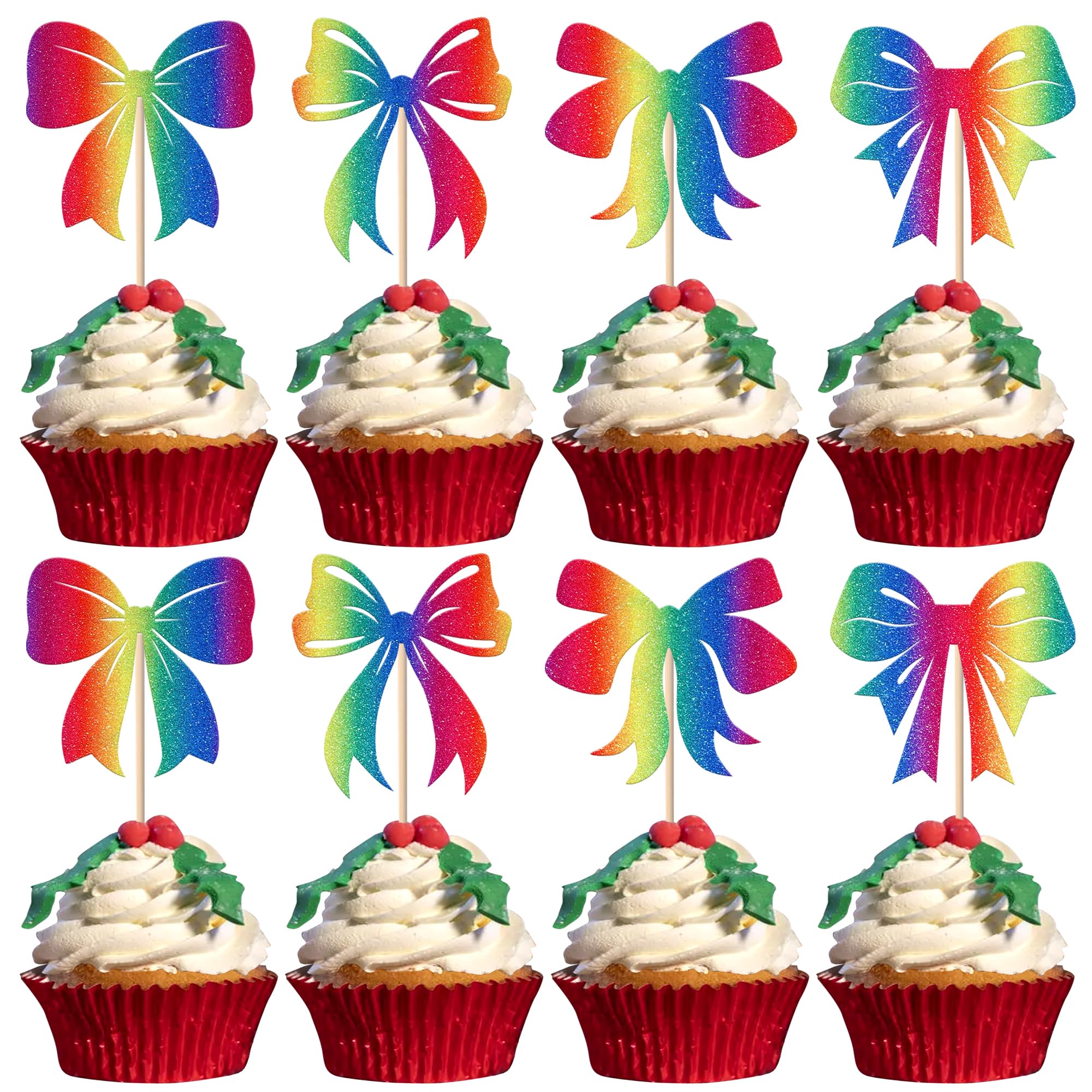 Xsstarmi 24 Pack Bow Cupcake Toppers Colorful Glitter Bow Themed Birthday Cupcake Picks Bowknot Cupcake Decorations for Wedding Engagement Bridal Shower Birthday Party Cake Decorations Supplies โ image 1
