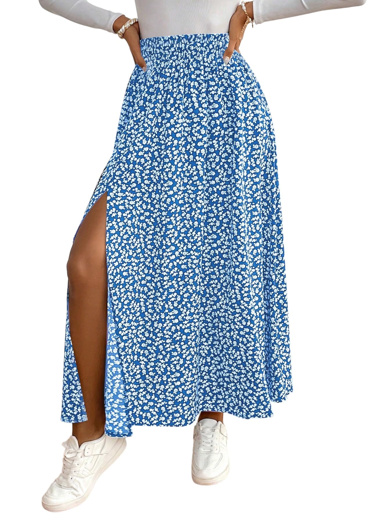 GORGLITTER Gonna lunga estiva boho midi con spacco motivo floreale, gonna a vita alta, gonna a fiori, casual, per il tempo libero, gonna da spiaggia