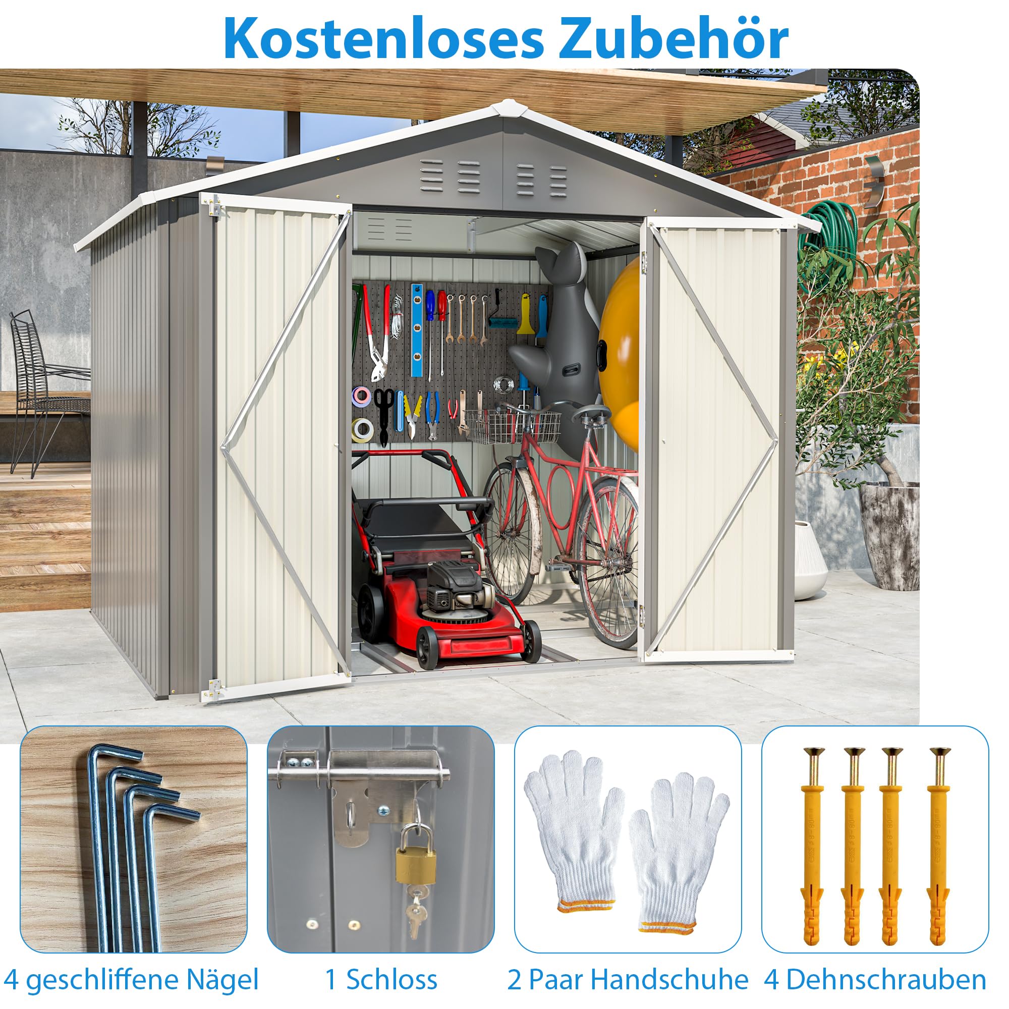 Thanaddo 8×6ft Gerätehaus Metall Groß Geräteschuppen 240x192x191 cm mit Fundamentrahmen, Wetterfest Gartenhaus mit Satteldach & Abschließbarer Tür, Gartenschuppen für Outdoor Garten Hinterhof, Grau