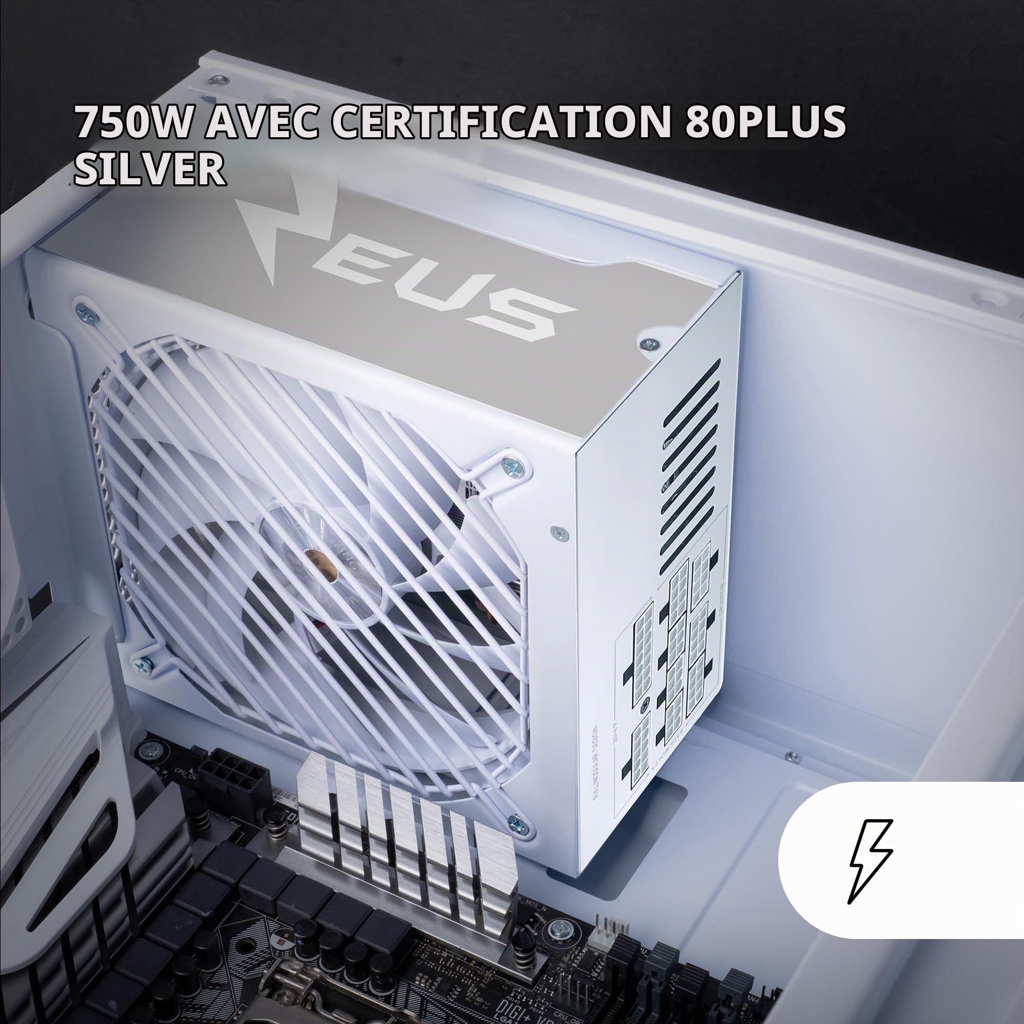 Mars Gaming MPZE750SIM, Alimentation Modulaire ATX 750W, Garantie 10 Ans, 80 Plus Silver +87%, Ventilateur FDB 14cm, Technologies AI2-RPM et DC-DC, Condensateurs Japonais Toshin Kyogo 105°, Blanc