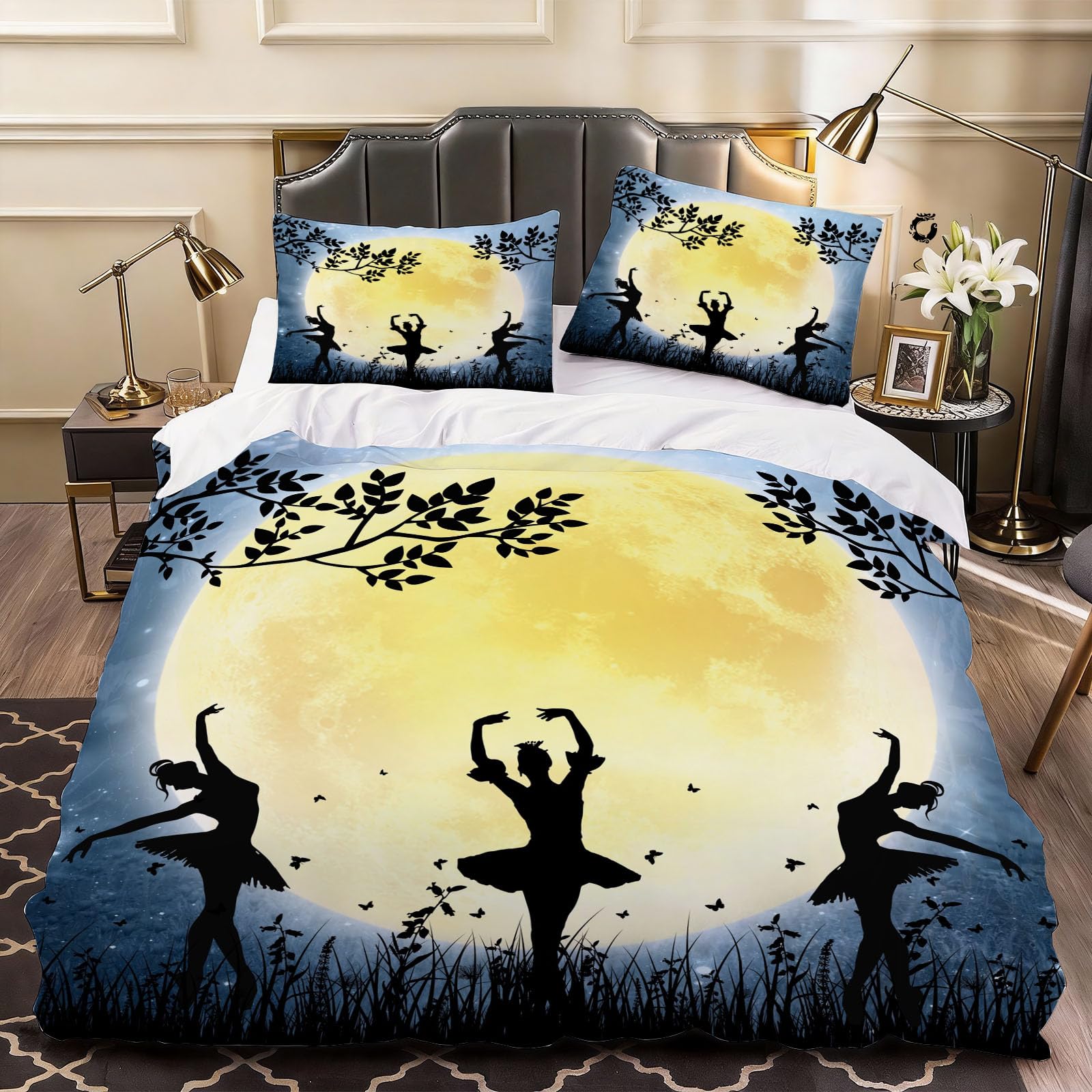 3D Cartoon Ballerina Girl Duvet Cover Silhouette Bedding Super King Bed Set, Soft Microfiber Comforter Cover Printed with Zipper Closure Quilt Coverr 260x220 cm and 2 Pillowcases