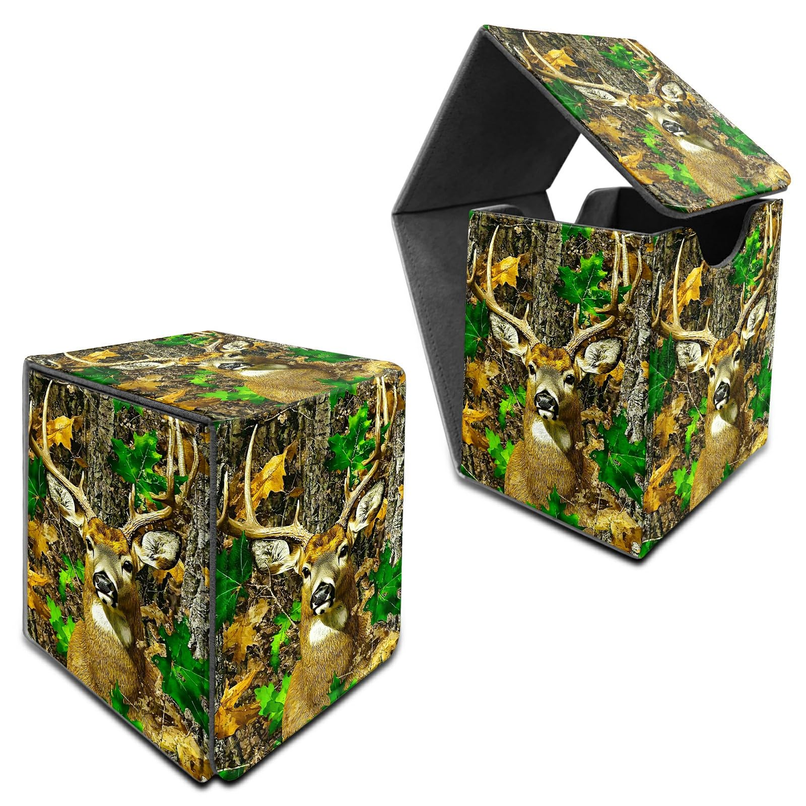 RWUTYTIUL Deck Box for MTG, Cards Storage Box Fits 120+ Sleeved, Leather Medium Size Strong Magnetic Closing Card Case for Board Games Magic TCG CCG Baseball Collection, Forest Deer