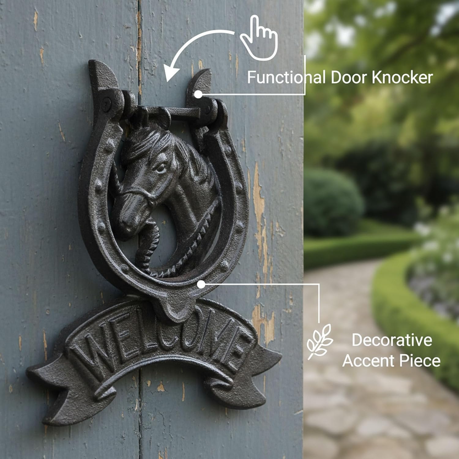Cast Iron Horse Door Knocker, 8.3 x 7.3 Inches Heavy Duty Rust-Resistant Vintage Welcome Sign, Durable One-Piece Molding Front Door Handle for Farmhouse and Garden Gate, Black