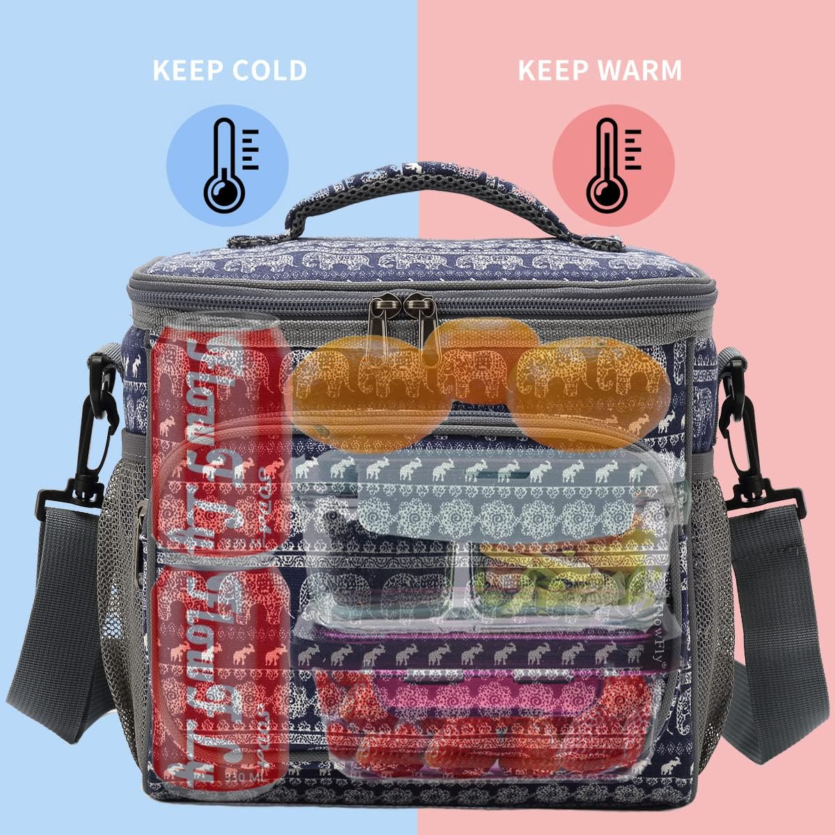 FlowFly Insulated Reusable Lunch Bag Adult Large Lunch Box for Women and Men with Adjustable Shoulder Strap,Front Zipper Pocket and Dual Large Mesh Side Pockets,Elephant - Image 2