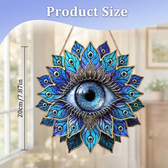 Evil Eye Suncatcher, Blue Evil Eye Ornament with Peacock Feathers Design, Acrylic Stained Glass Style Sun Catcher for Windows, Hanging Garden Ornaments Outdoor Indoor, Mystic Home Decor Gift