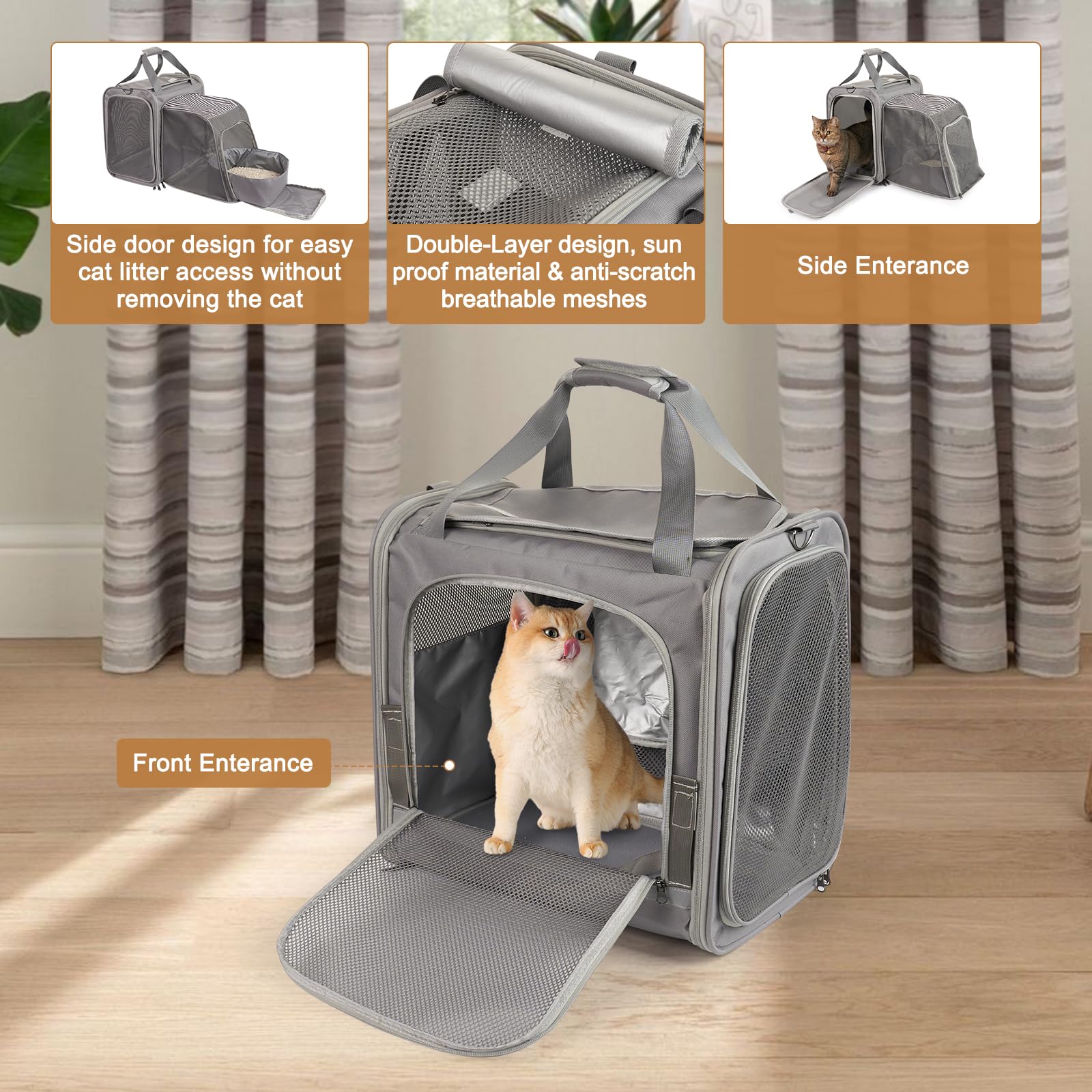 Faltbare Katzentransportbox mit integriertem Katzenklo, erweiterbar atmungsaktiv Katzentasche, 900D Oxford Stoff, tragbar Reisebox für Katzen bis 10 kg, ideal für Reise, Camping & Tierarztbesuch