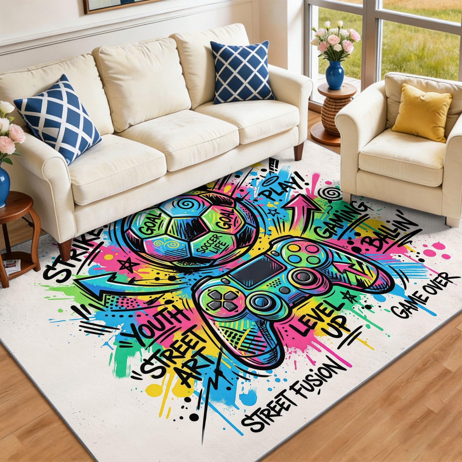 Tapis en Flanelle Graffiti Urbain Antidérapant Tapis Chambre, Tapis Vintage Sport Football Manette Jeu Doux Poil Court 60 x 110 cm pour Salon Cuisine Entrée - Beige Antidérapant Paillasson