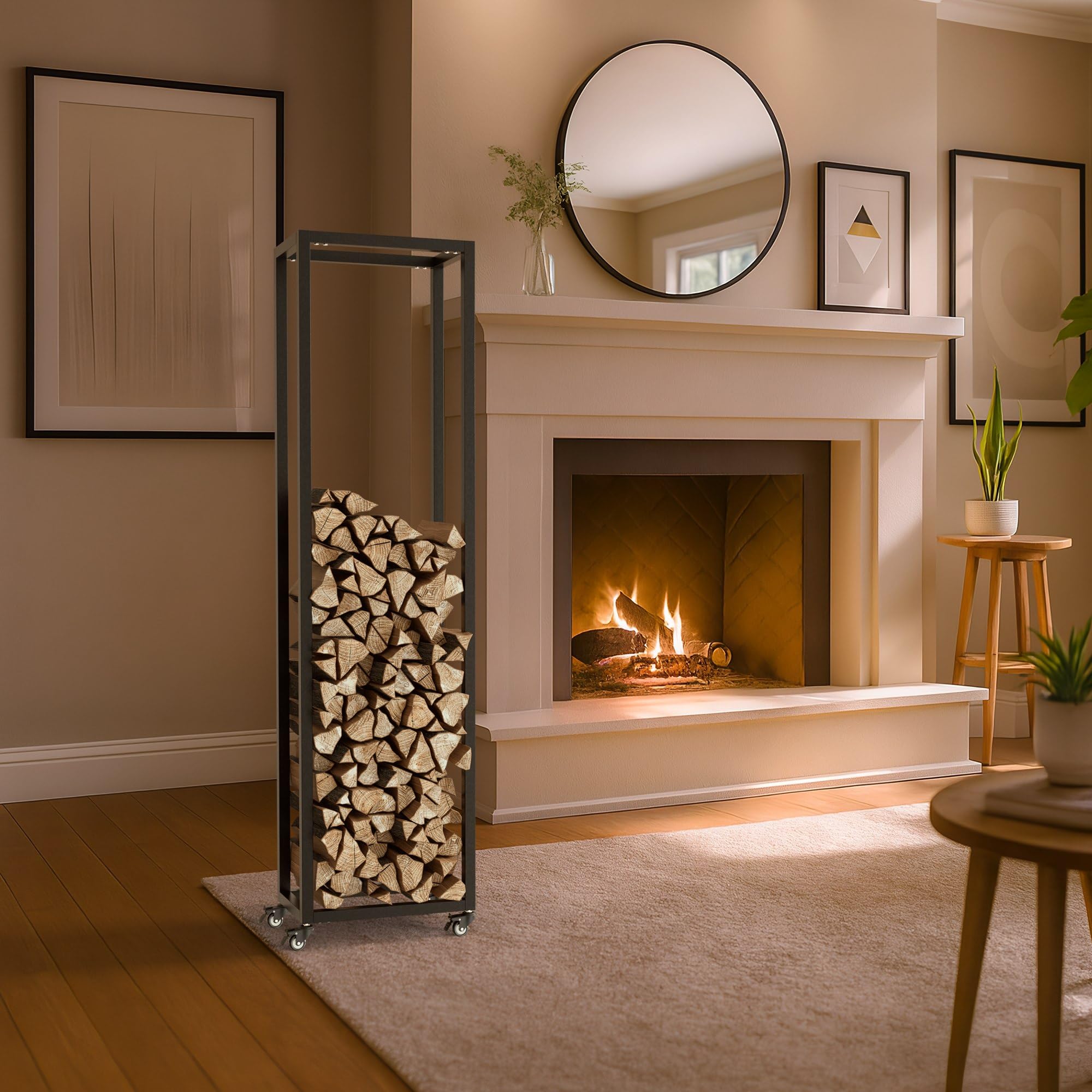 CLP Portalegna da Interno in Metallo con Ruote Hilta, scaffale in Metallo Robusto, stoccaggio Legna da ardere in Salotto Colore Nero Dimensione 25x40x150 cm