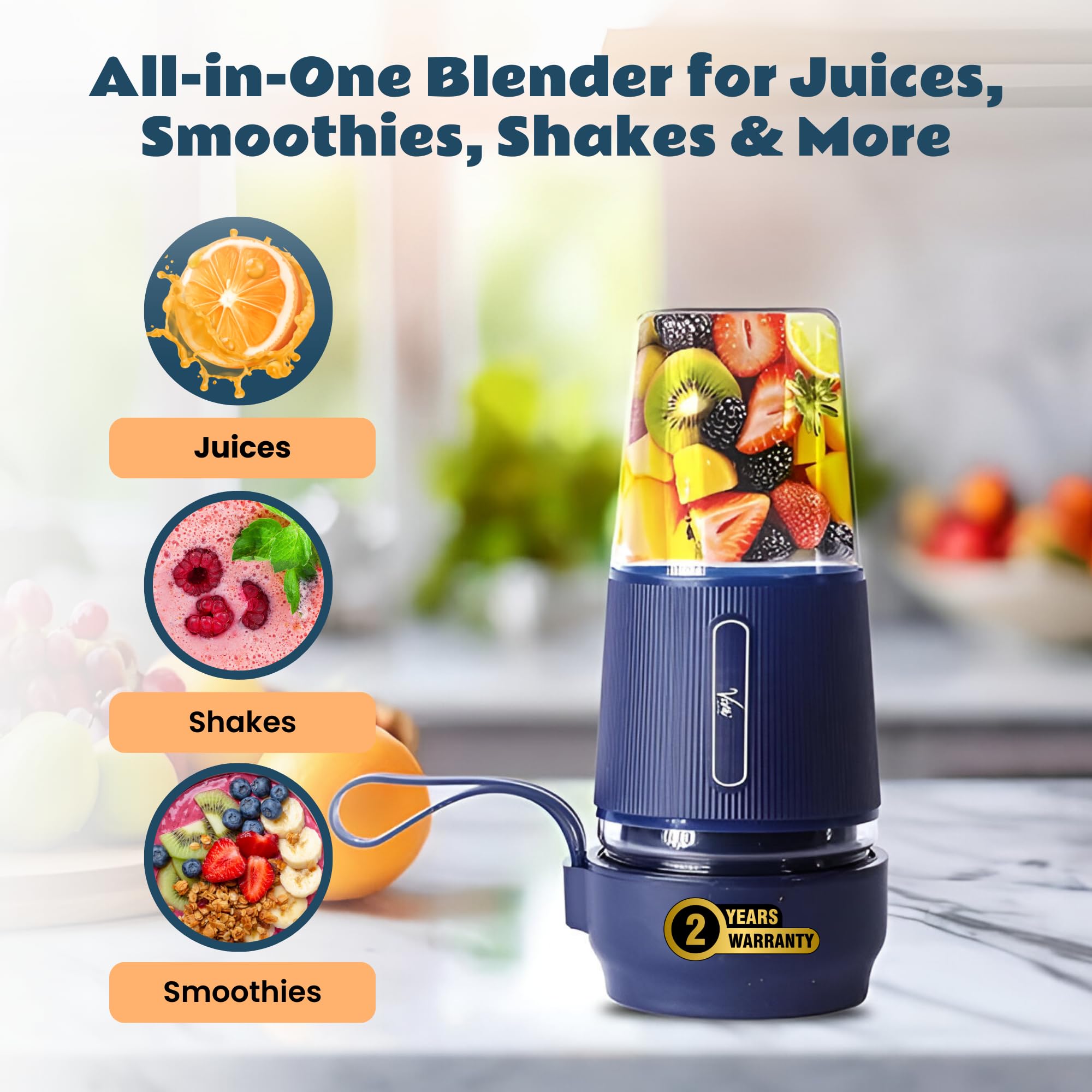 Viva Electric Nutri Cup Portable Blender 300ml | USB Charging | SS Blades | Smoothies, Protein Shakes Maker | Battery Operated Rechargeable Blender | Hand Blender For Kitchen (Blue) 2