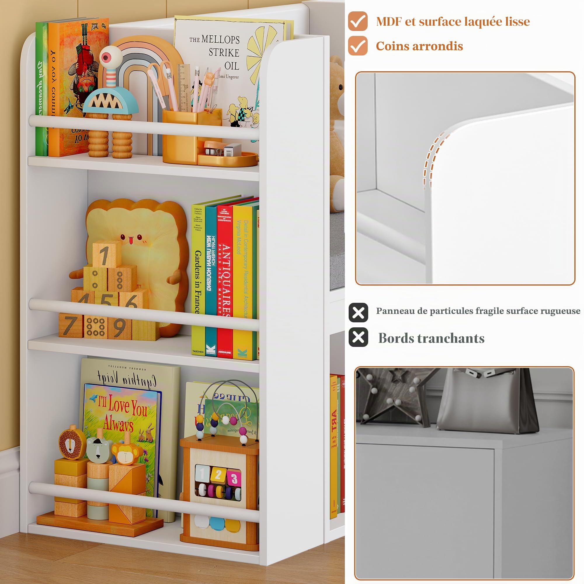 HOCSOK Bibliothèque Enfants, Meuble Rangement Enfant avec Bibliothèque Banc, Étagère à Jouets pour Enfant avec Tiroirs Roulants, Meuble Rangement Jouet, Blanc