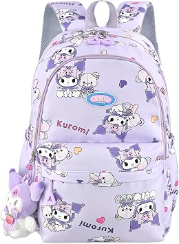 Roffatide Cartoon All Over Print Casual Backpack Laptop Backpack Bike Travel Hiking Rucksack Daypack Purple With Cute Pendants