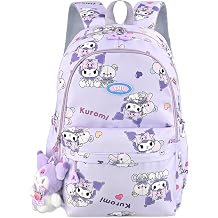 Roffatide Cartoon All Over Print Casual Backpack Laptop Backpack Bike Travel Hiking Rucksack Daypack Purple With Cute Pendants