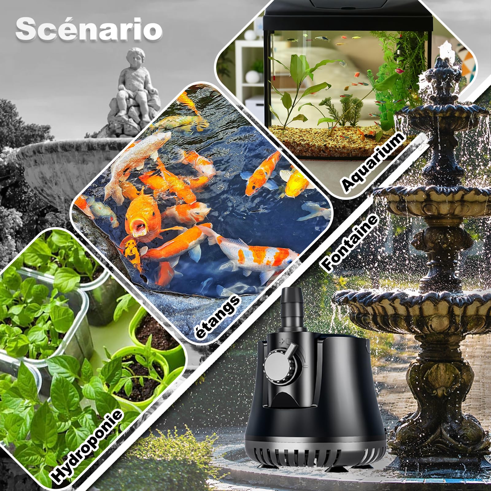 Knifel Pompe à Eau Submersible 60W 3500L/H Ultra Silencieuse | Absorption d'Eau à 360°, Avec Interrupteur Réglable, Câble de 1.5m, pour Étang, Aquarium, Hydroponie et Fontaine