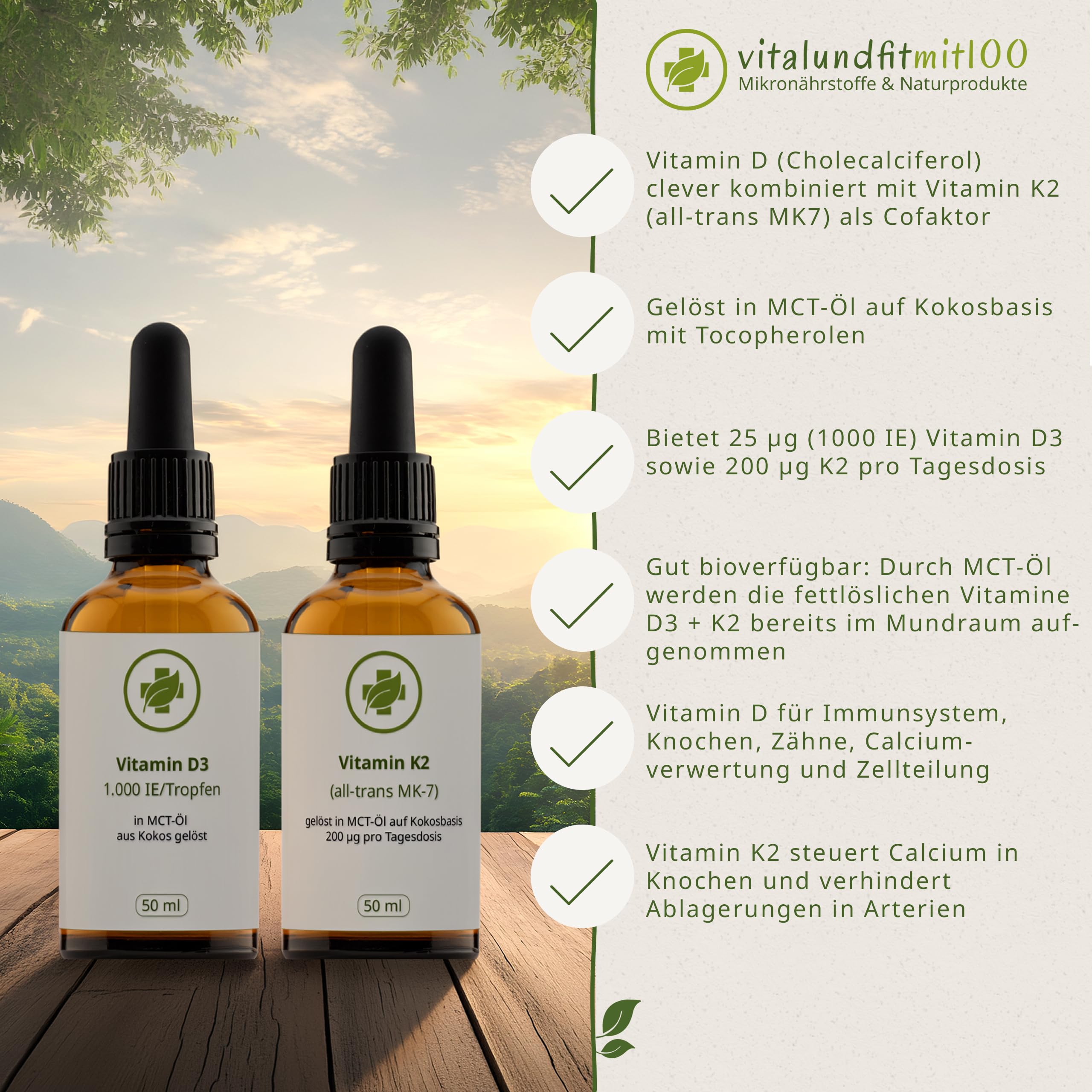 vitalundfitmit100 Vitamin D3 50 ml + K2 Tropfen 50 ml, hohe Bioverfügbarkeit, ohne Zusätze
