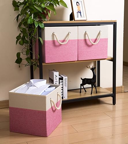 Miniatura 3 de PRANDOM Contenedores plegables grandes de almacenamiento de 11 x 11 pulgadas paquete de 2 cestas de almacenamiento de tela de lino, cubos con asas