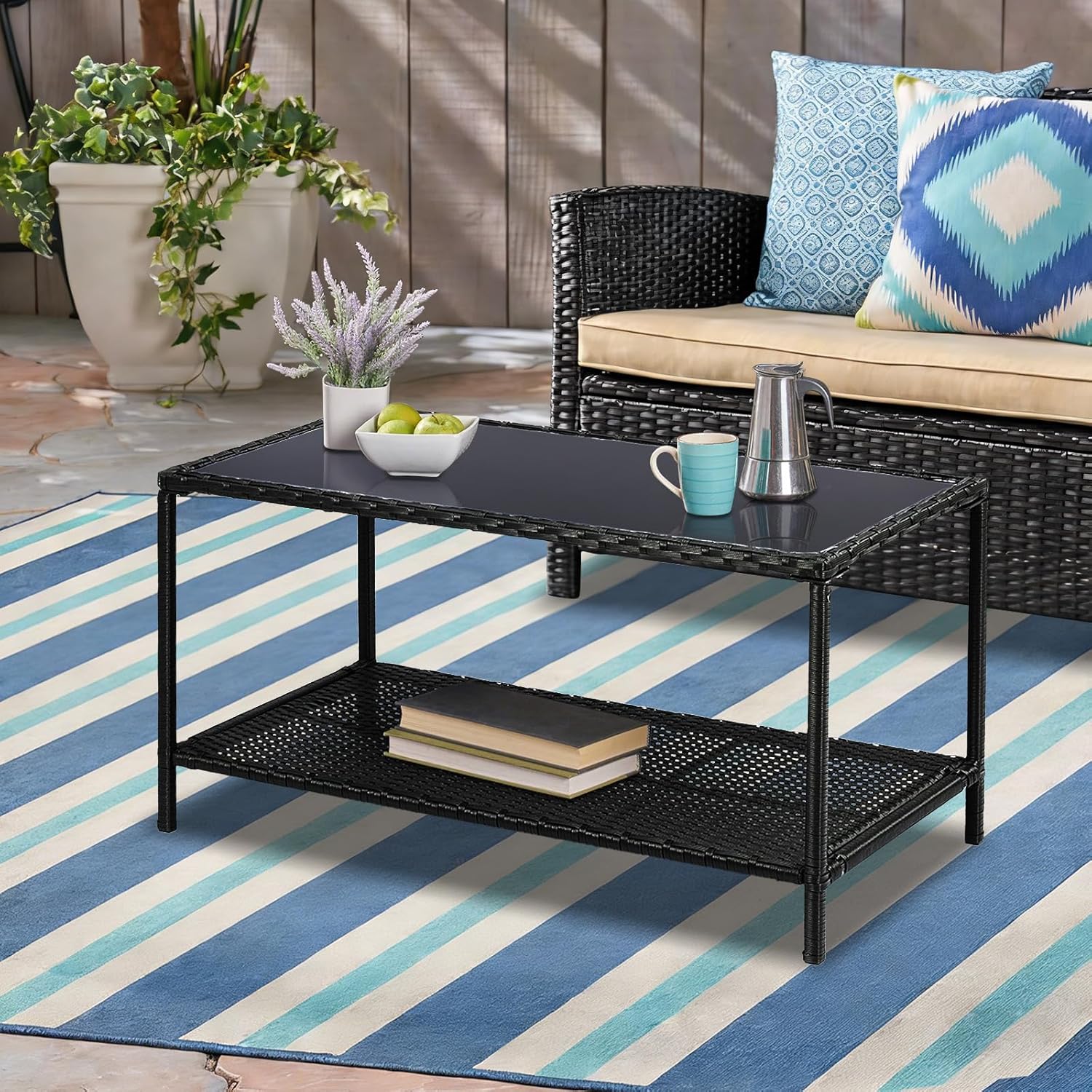 SUNNYPARK Outdoor Rattan Coffee Table 36’’ All-Weather Wicker Patio Side Tables with Glass Top and Storage Shelf Furniture for Living Room Balcony Backyard Poolside