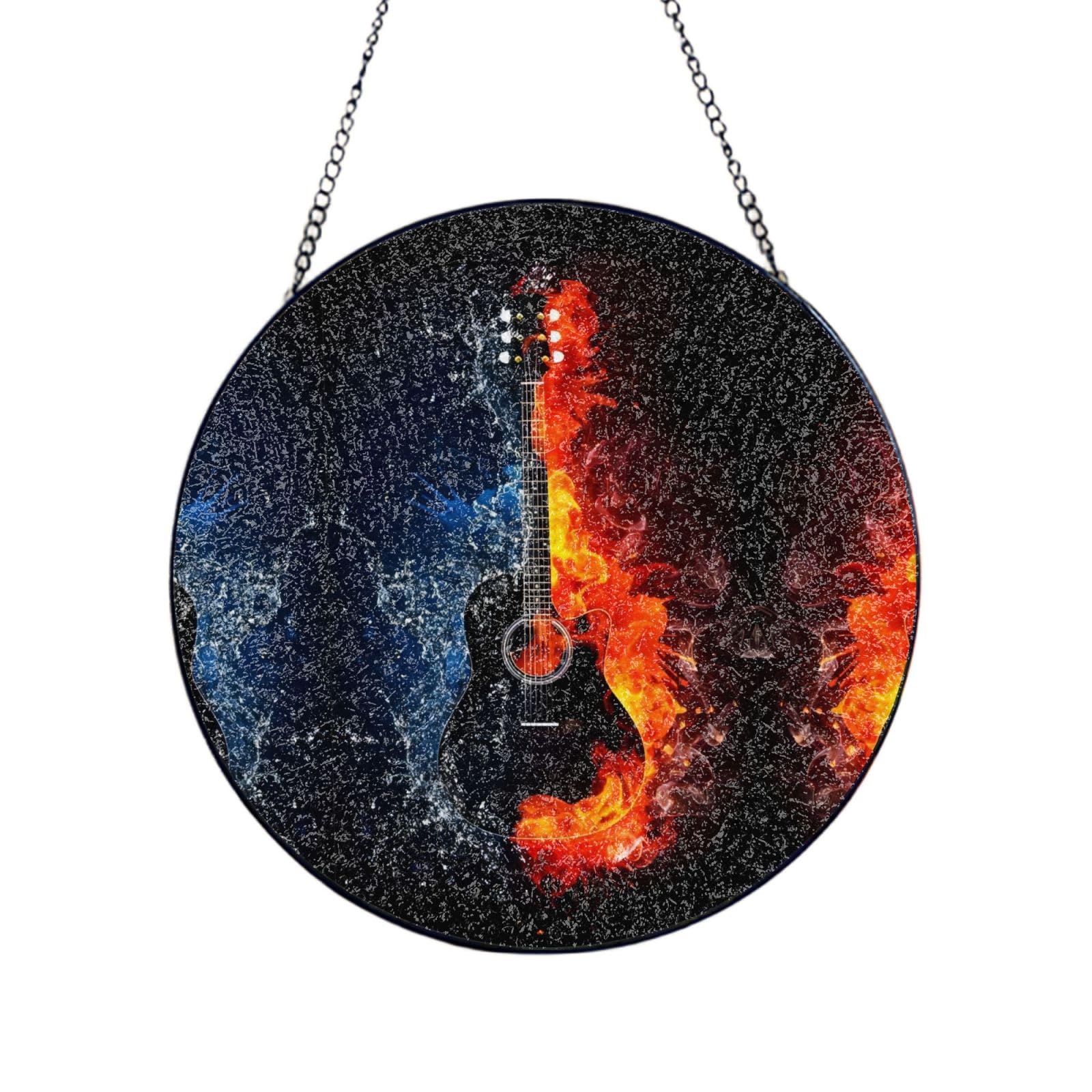 Phayah Ice And Fire Guitar Print Glass Window Hanging Round Suncatcher Glass Ornament Garden Wall Fence Decorations Indoor Outdoor 4in（10cm）