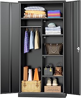 INTERGREAT Metal Wardrobe Closet, 72" H Metal Storage Armoires Cabinet with Lockable Doors and Hanging Rod, Armoire Wardrobe Closet with 4 Adjustable Shelves for Home Office, Warehouse, Garage, Black