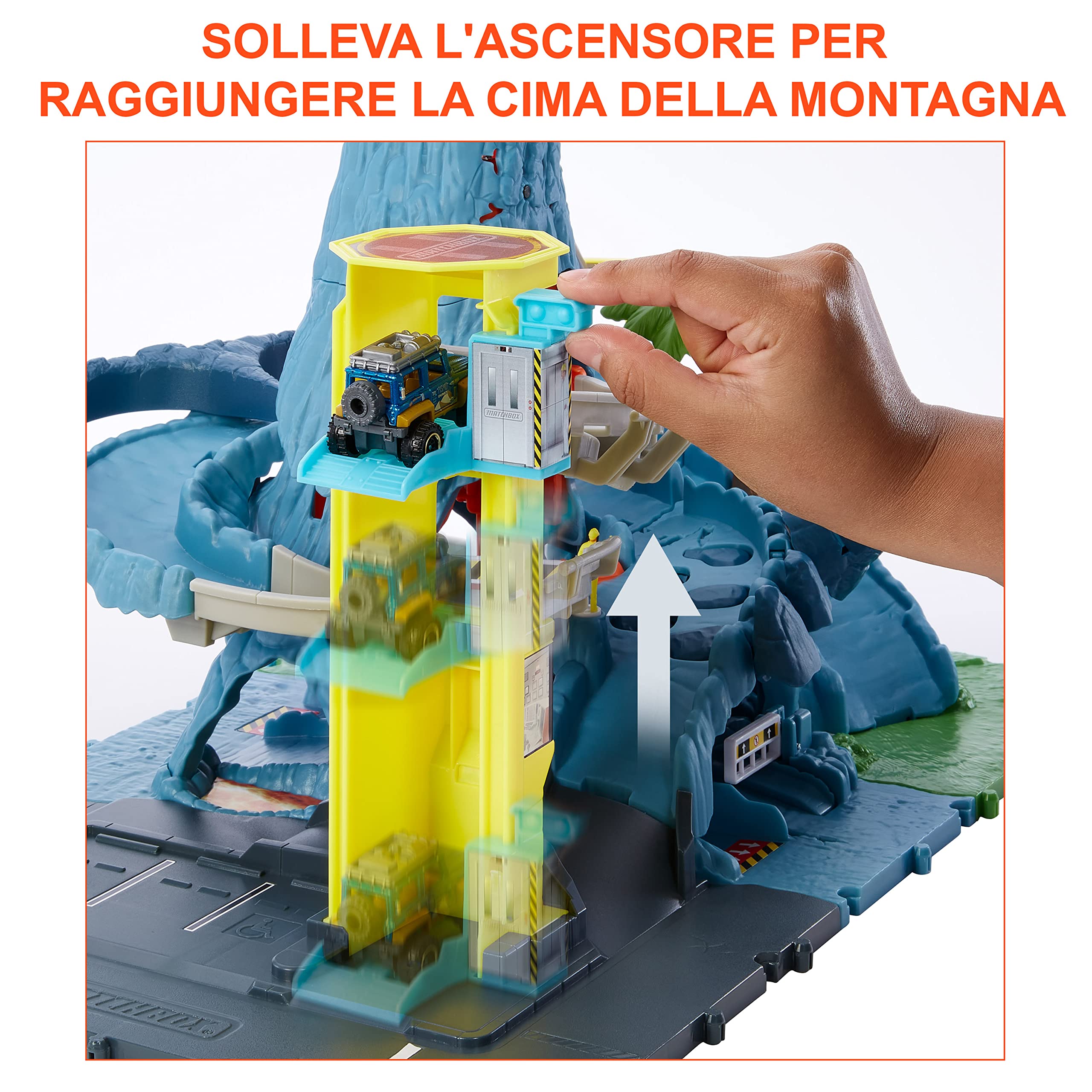 Matchbox - Fuga dal Vulcano Playset, include 1 veicolo Matchbox, funzioni, luci e suoni del vulcano che erutta attivabili con le macchinine, Giocattolo per Bambini 3+ Anni, HHW21