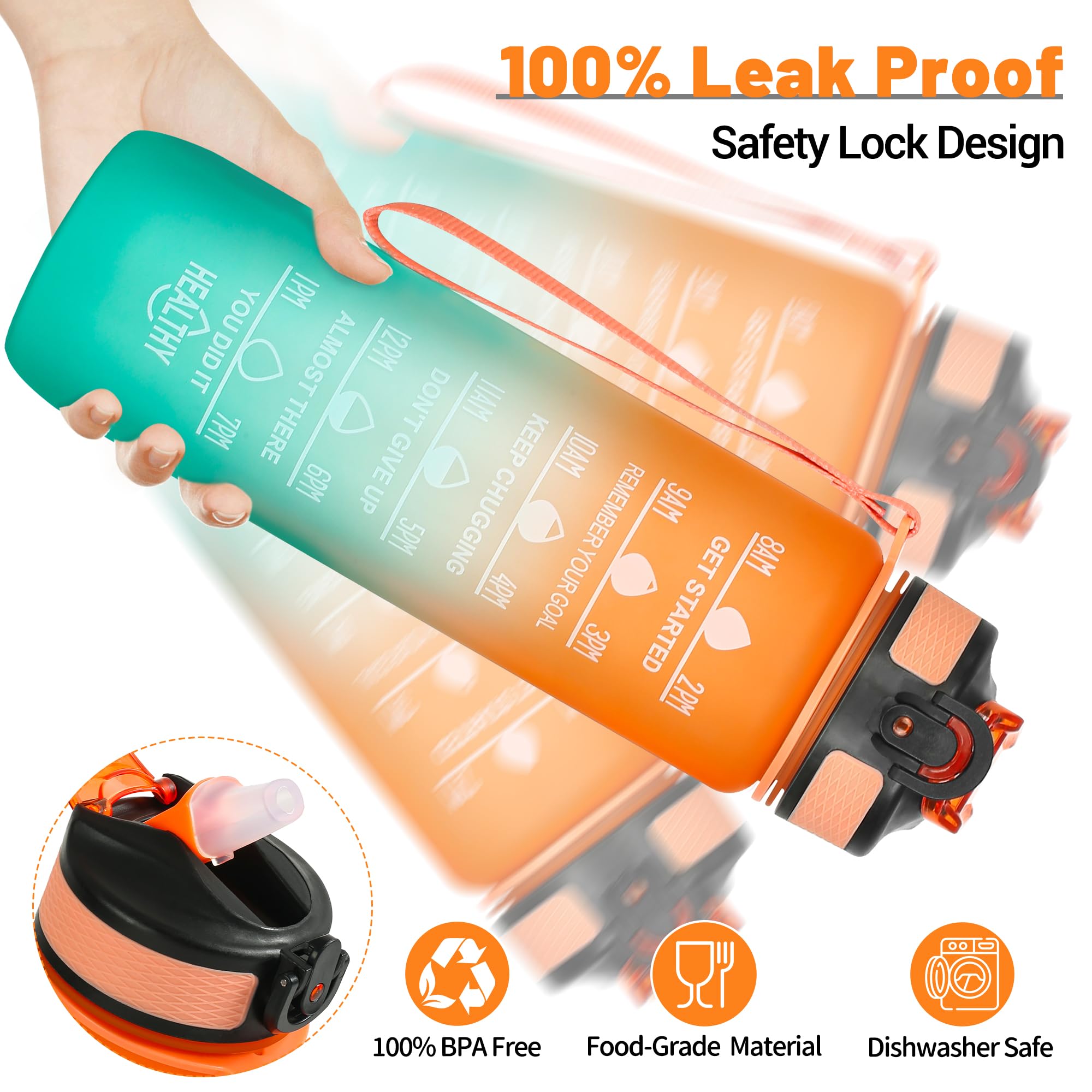 DUNSOO Borraccia 1 litro con cannuccia, Borraccia Motivazionale senza BPA, Borraccia Palestra Antigoccia, Water Bottle per Studio Fitness, Scuola, Ufficio