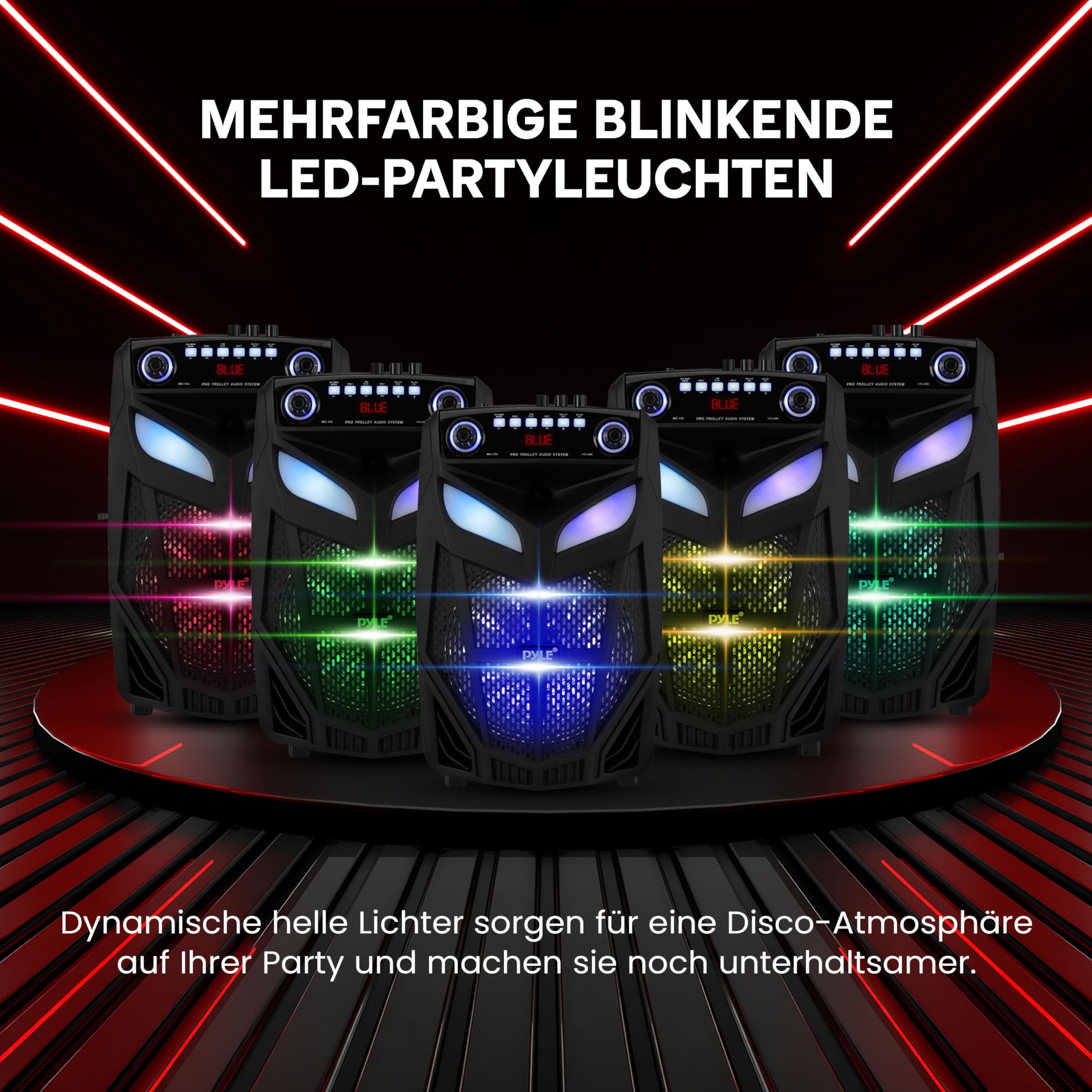 Pyle Karaoke Anlage mit Mikrofon 800W 12 Zoll – Tragbarer PA Lautsprecher Bluetooth Partybox mit Akku, LED Licht, Radio, USB SD AUX, Trolley Rollen für Events und Outdoor