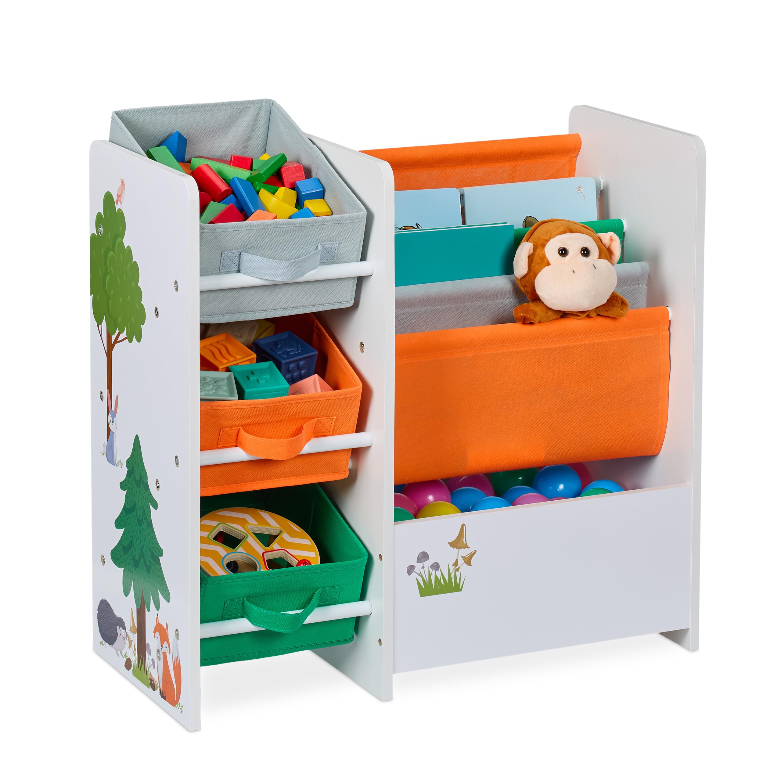 RelaxdaysChildren's Shelving Unit with 3 Boxes, 4 Pockets, 1 Compartment, Toy Shelf, Children's Room, H x W x D: 64 x 64 x 30 cm, Box Shelf, Colourful