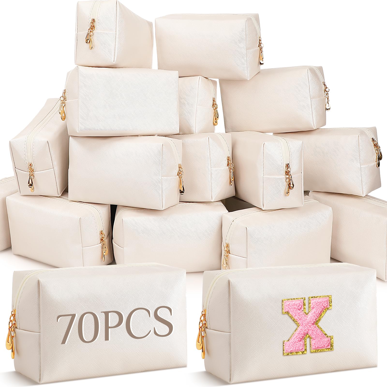 Cunno 70 Pcs Bulk PU Leather Makeup Bags Blank DIY Cosmetic Pouches Zipper Waterproof Travel Preppy Toiletry Bags Bridesmaid Proposal Employee