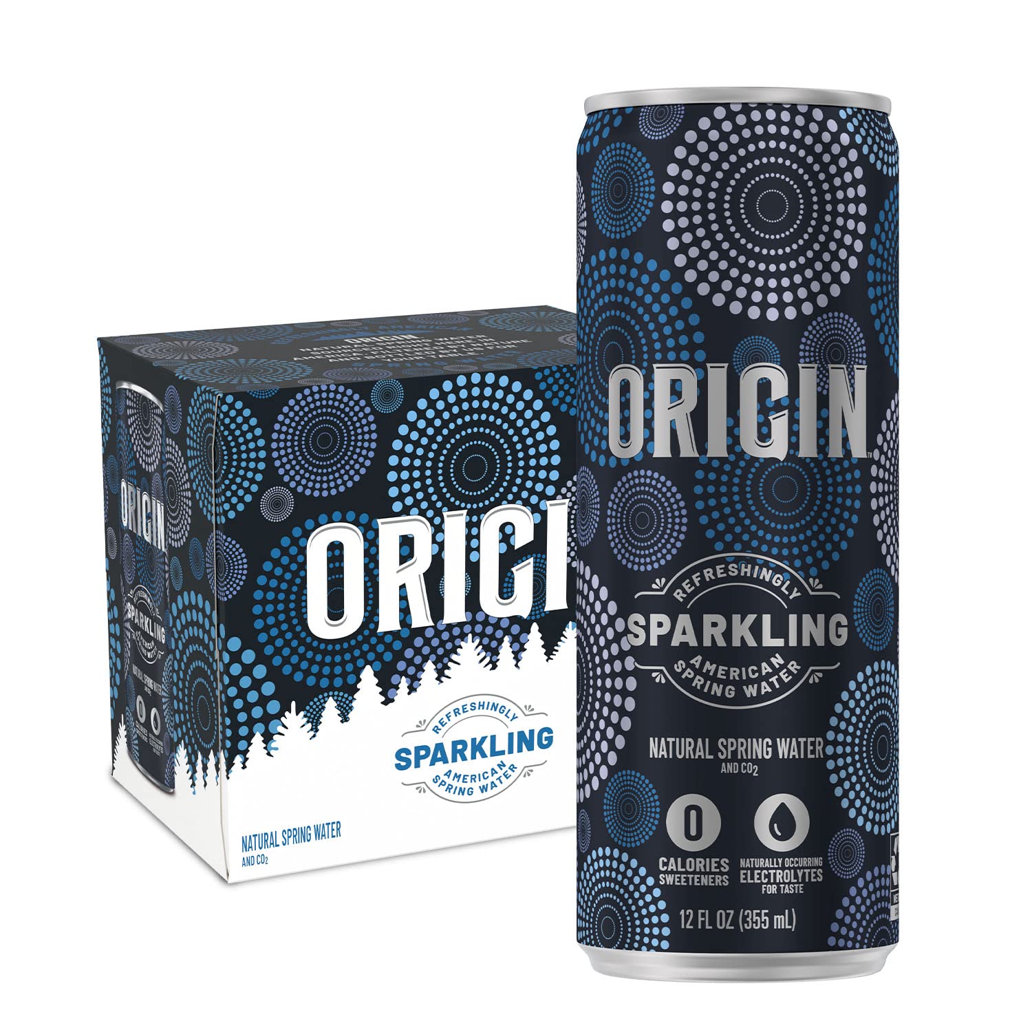 ORIGIN Sparkling Water, Unflavored Spring Water, 12 Fl Oz, Aluminum Cans, 6 Pack, Clear