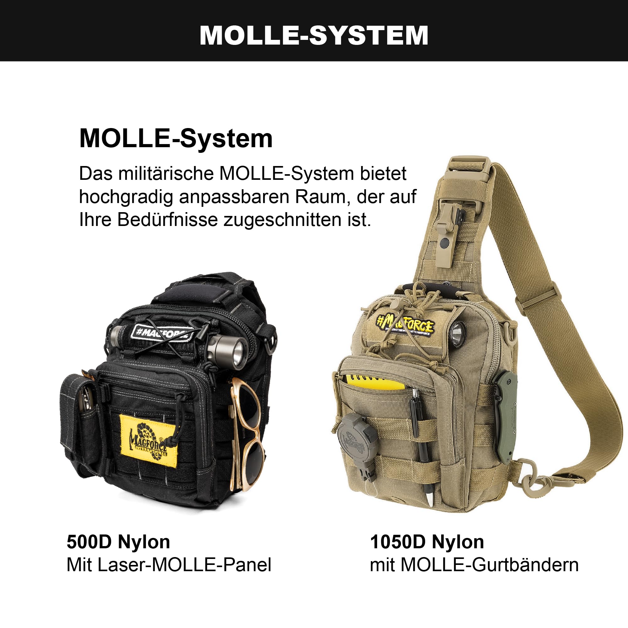 MAGFORCE Taktische Sling Bag „Hamburger Bag“ – Kompakte Schulter- und Brusttasche mit Molle-System, Leichtes Nylon, Große Kapazität, Mehrere Fächer, mit Tragegurt Khaki-Laub, Größe S – 1050D