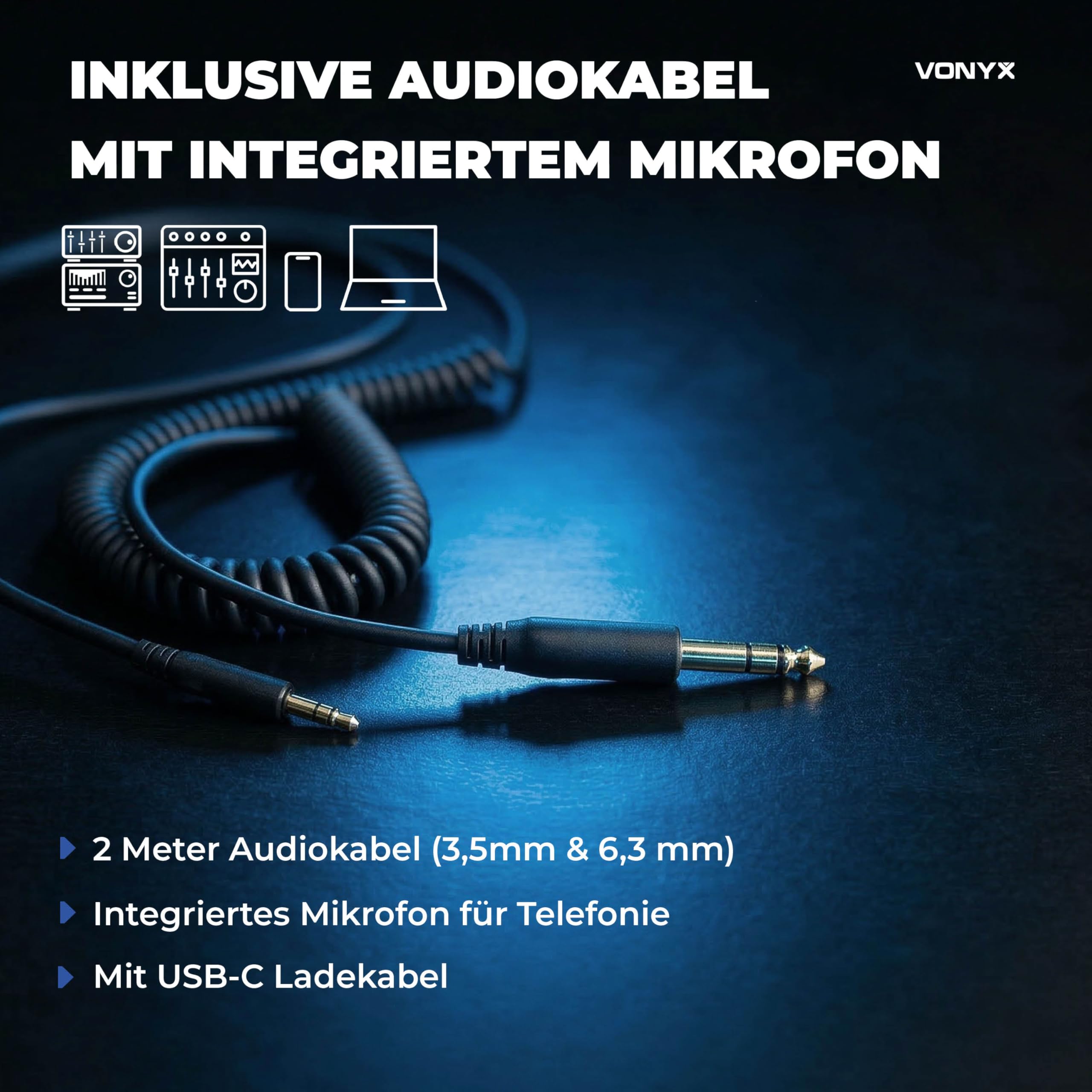 Vonyx HDX120WSN - Over Ear Kopfhörer Bluetooth, 75 Std. Akku, 40mm Treiber - Tiefer Bass, Studio Kopfhörer Kabellos - 3,5/6,3mm Klinke – Faltbar & Drehbar, Bluetooth Headphones mit Tasche - Alu/Braun