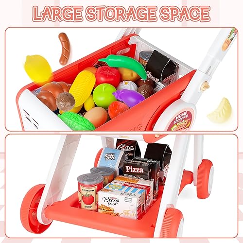 Miniatura 5 de deAO Carrito de compras de juguete para niños, juego de 75 piezas con comida de simulación, frutas, verduras y accesorios, carrito de compras de