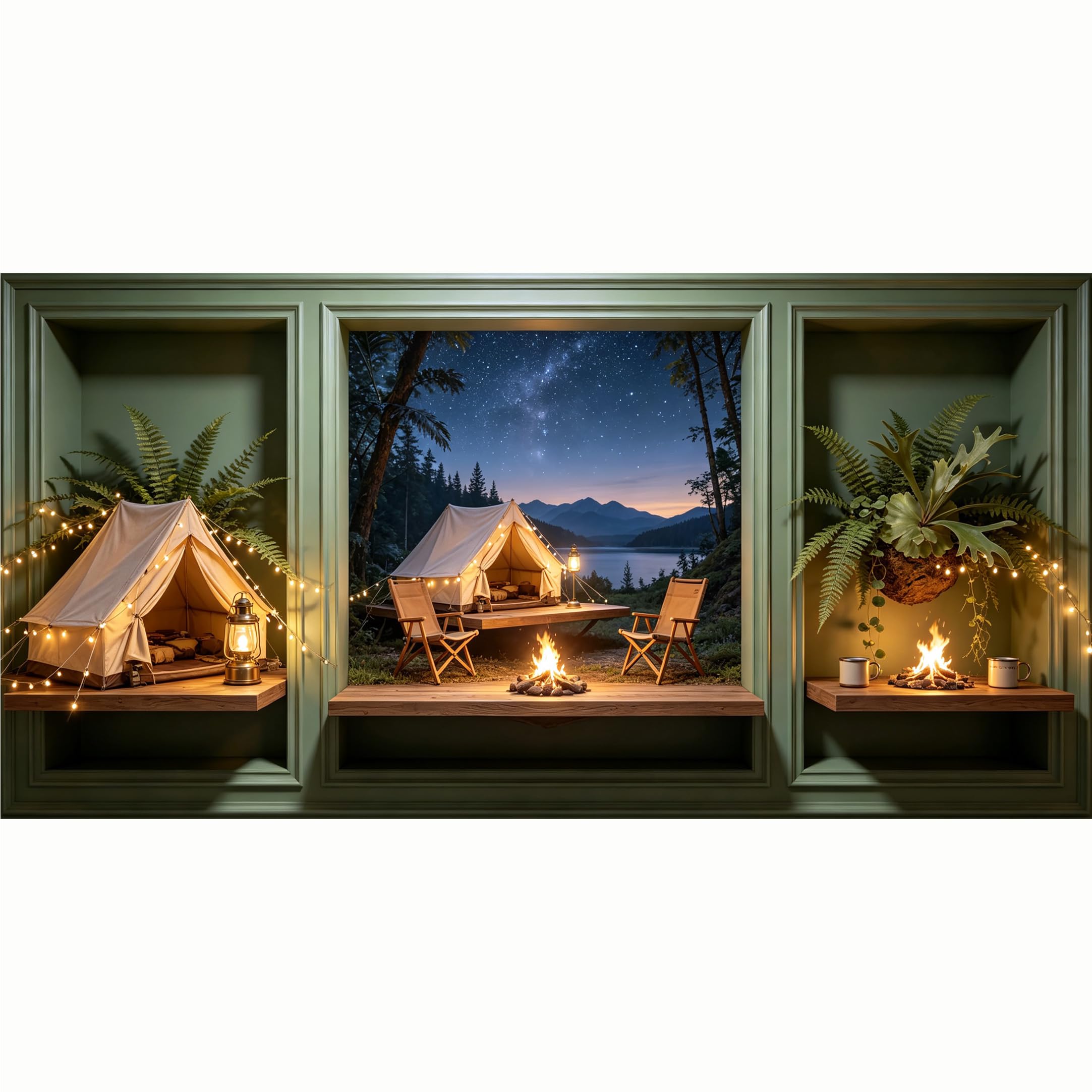 QZLITHOTIC 50x100cm 3D Framed Wall Art， Starry Night Camping Forest Lake Landscape SelfAdhesive Mural， WaterActivated Peel & Stick Fabric Decor Wall Decal for Bedroom Living Room