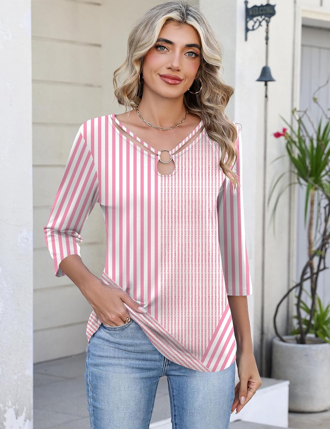 Rapbin 3/4 Length Sleeve Womens Tops Summer Cut Out Ring Keyhole Neck Dressy Casual Crew Neck Tee Shirts 2026 - Image 2