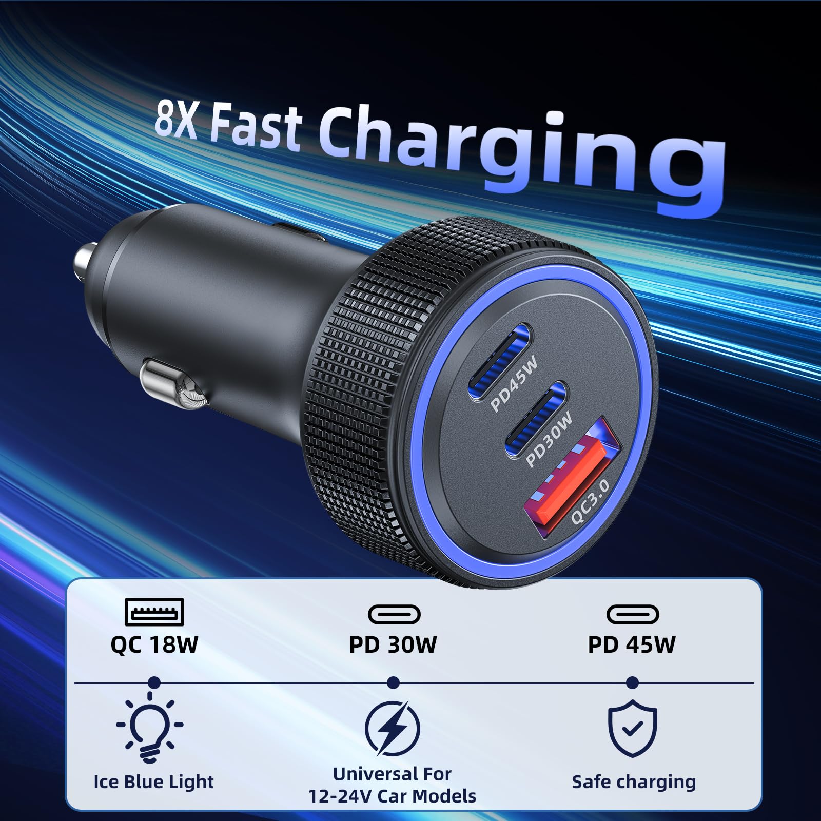 Chargeur Allume Cigare USB C 3 Ports 93W PD QC 3.0 Chargeur Voiture Charge Rapide Prise Allume Cigare 12V,pour iPhone iPad Samsung Huawei Xiaomi Tabletetc - 3