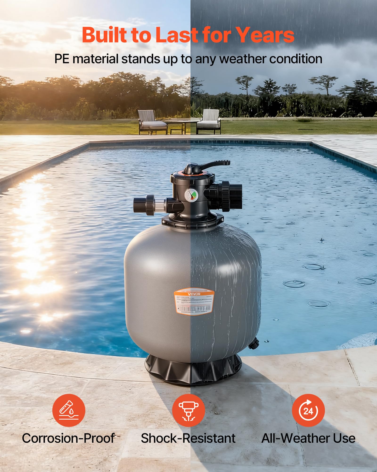 VEVOR Filtro de Arena de 535 mm y 189,3 LPM, para Piscinas Elevadas Enterradas, PE, con Válvula Multipuerto de 7 Vías, Retrolavado, Enjuague, Recirculación, Desagüe, Invierno y Modos Cerrados