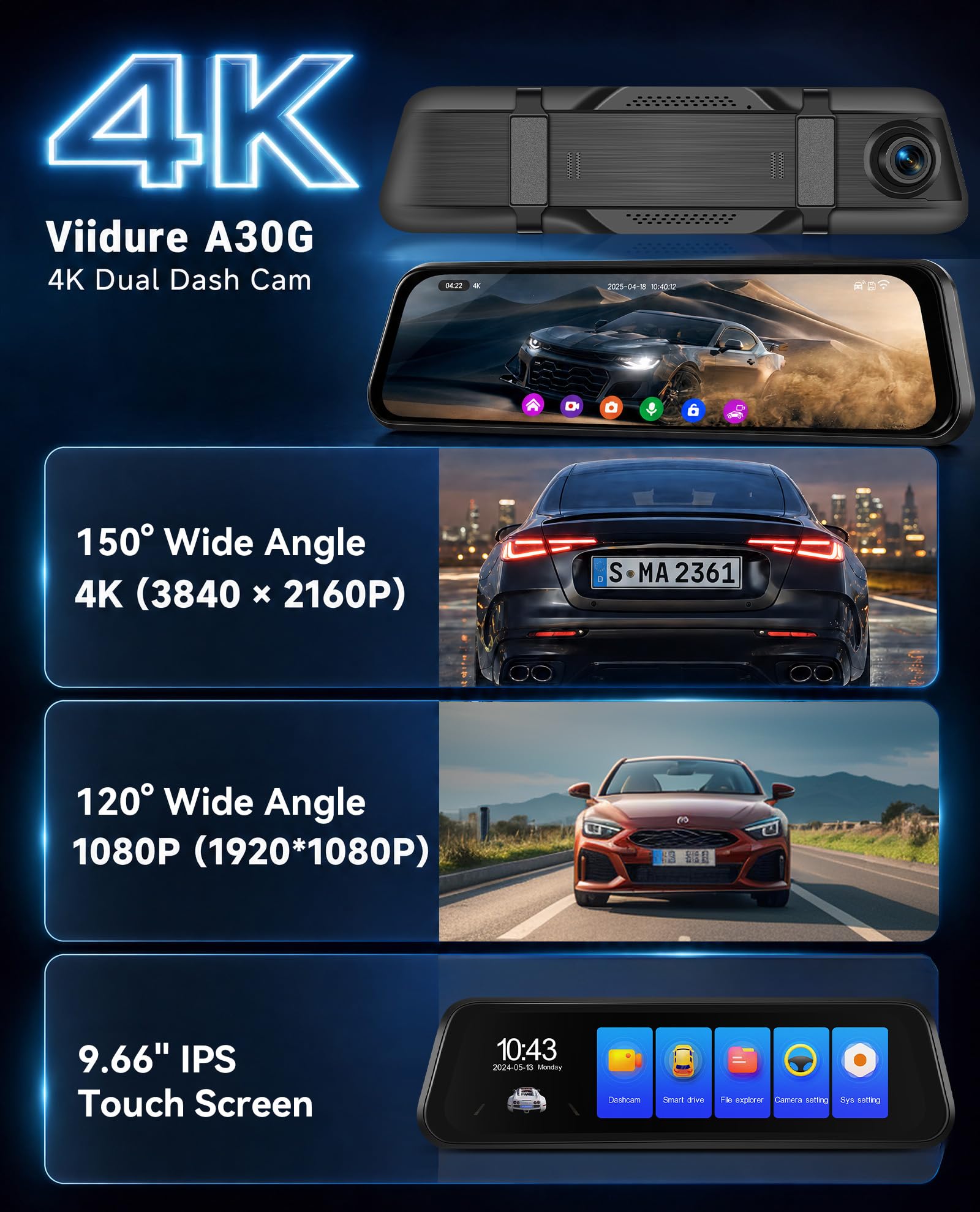 SIXWIN 4K Dashcam Espejo Retrovisor 9,66″ Pantalla Táctil con WiFi y App – Cámara Dual 4K+1080P, GPS, BSD/ADAS, Visión Nocturna, Grabación Cíclica, Sensor G, Asistente de Aparcamiento, Vigilancia 24h