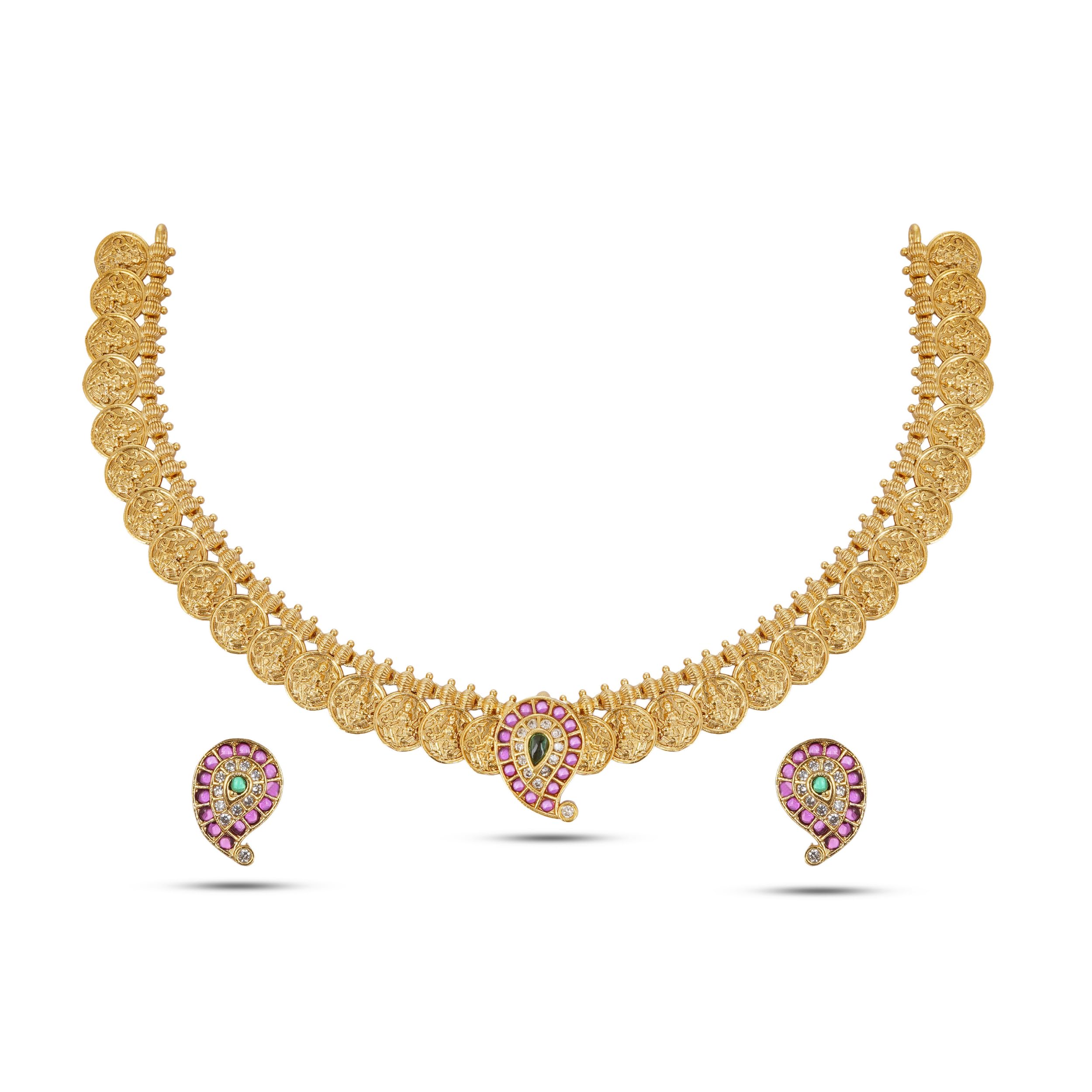Temple Jewellery Coin Necklace Set with Earrings, Gold Plated, Lakshmi Kasu & Paisley (Mango) Design Pendant with Pink & Green Kemp Stones for Women & Girls-image-37