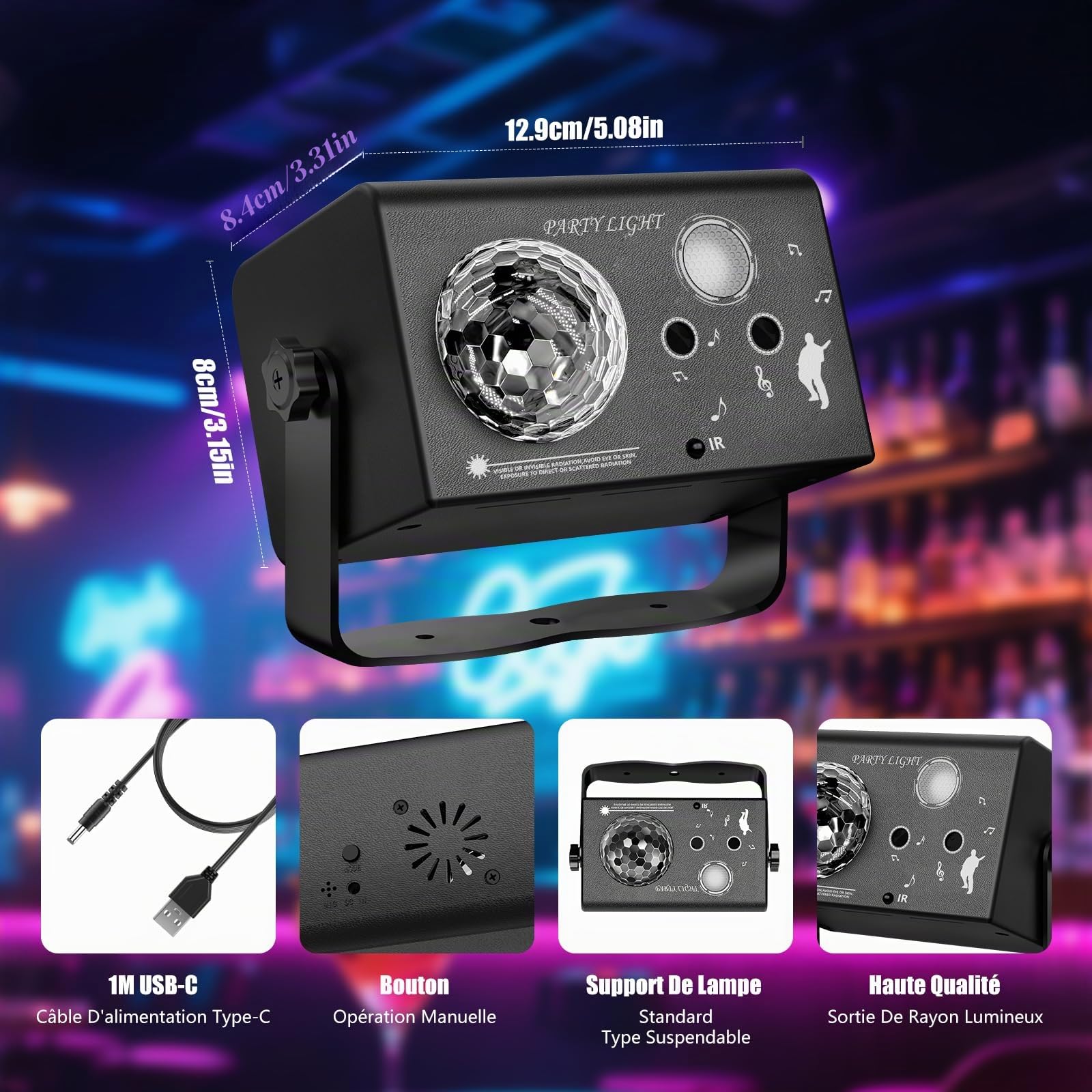 Jeux de Lumiere et Fête 3-en-1 avec Télécommande, Contrôle par Musique & Contrôle Vocal – Lumière Disco, LED RVB, Effet Boule Disco et 72 Motifs pour Fêtes, Clubs, Noël