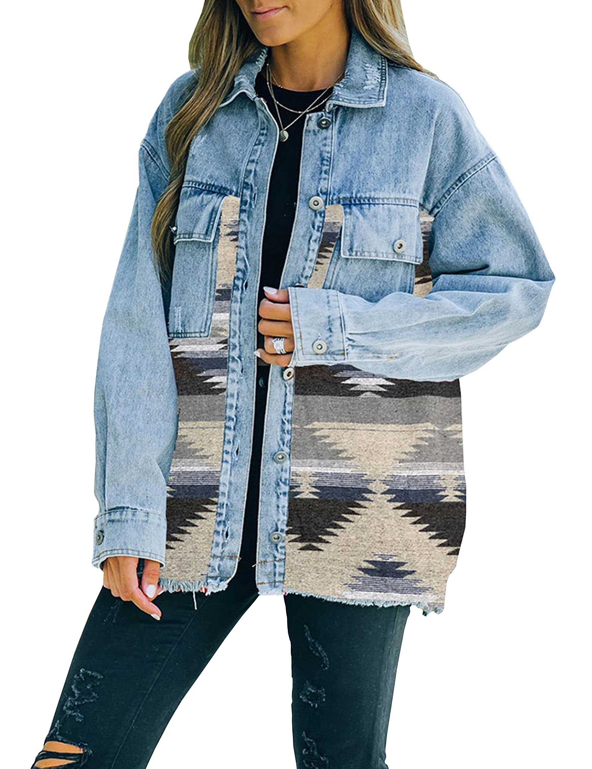 LumisterWomen's Aztec Denim Jacket Distressed Lapel Long Sleeve Vintage Button Down Denim Jacket Shacket