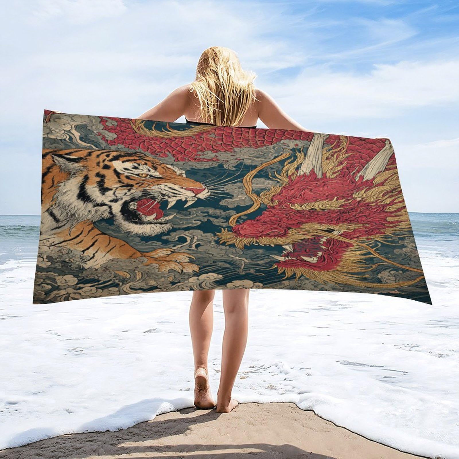 Luyysky Fantasy Retro Tiger Dragon Quick-Drying Beach Towel, Rustic Asian Japanese Mythical Animal Tiger Dragon Ocean Waves Travel Vacation Single Sided Pile Bathroom Towels-80 W Cm X 160" L Cm