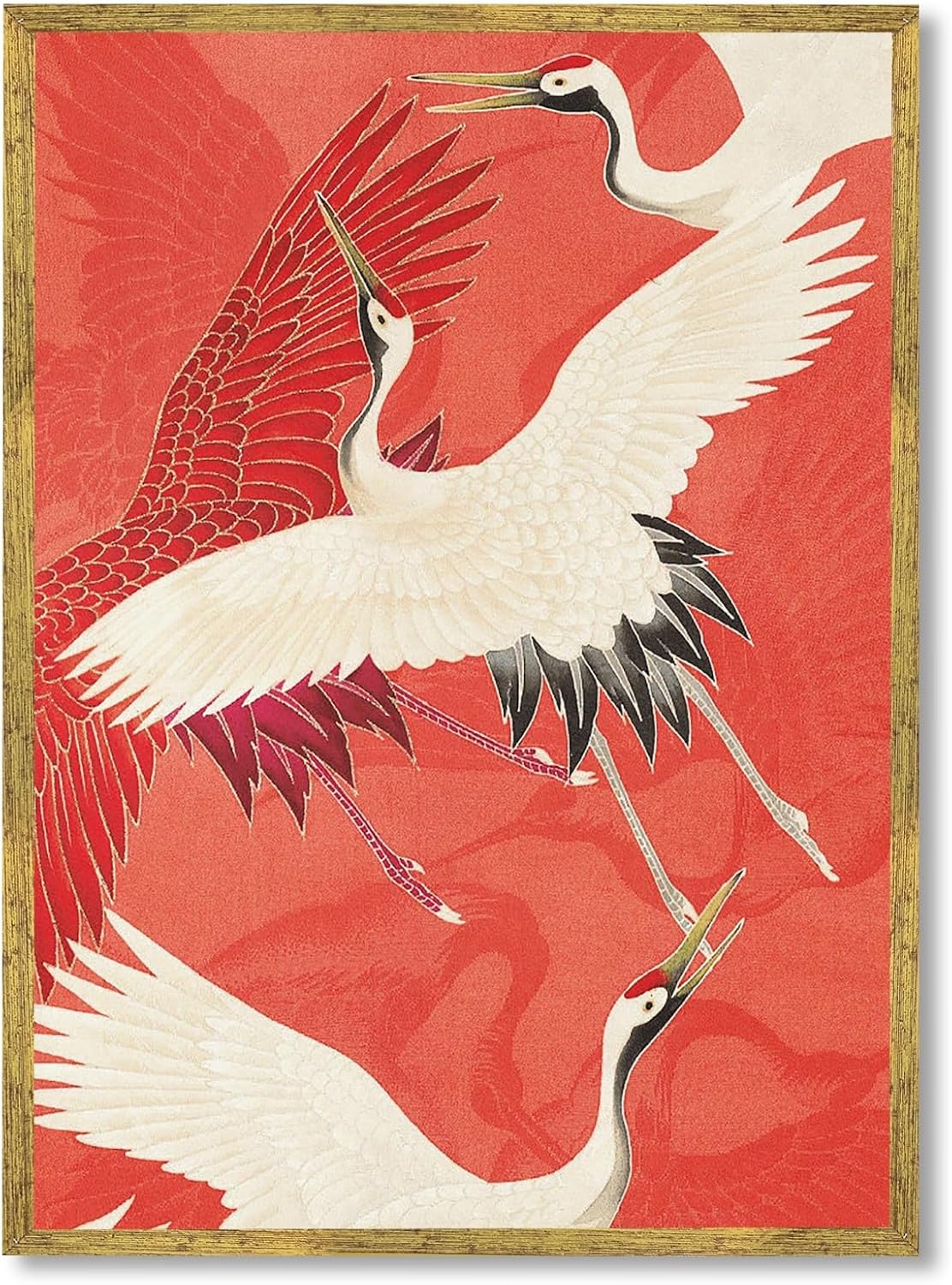 Large Gold Framed Crowned Crane Canvas Wall Art New Asian Style Red White Japanese Big Bird Painting Poster Traditional Elegant Cranes Japandi Artwork Prints for Bedroom Zen Room Decor 24x36inch