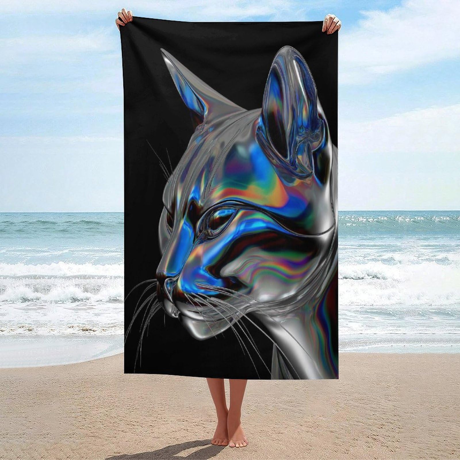 LSRCPD Hyperreal Conceptual Cat Surrealism Beach Towel Sand Free Microfiber Large Shower Towels Multipurpose Absorbent for Bathroom Pool 130x80 CM