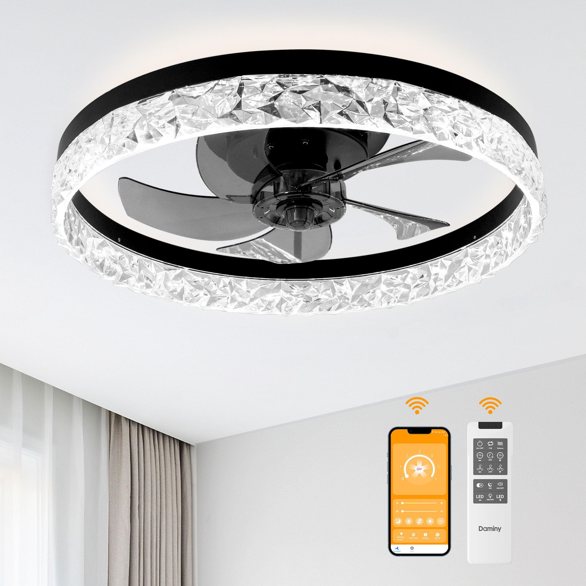 DAMINY 20 Inch Black Ceiling Fans with Lights and Remote