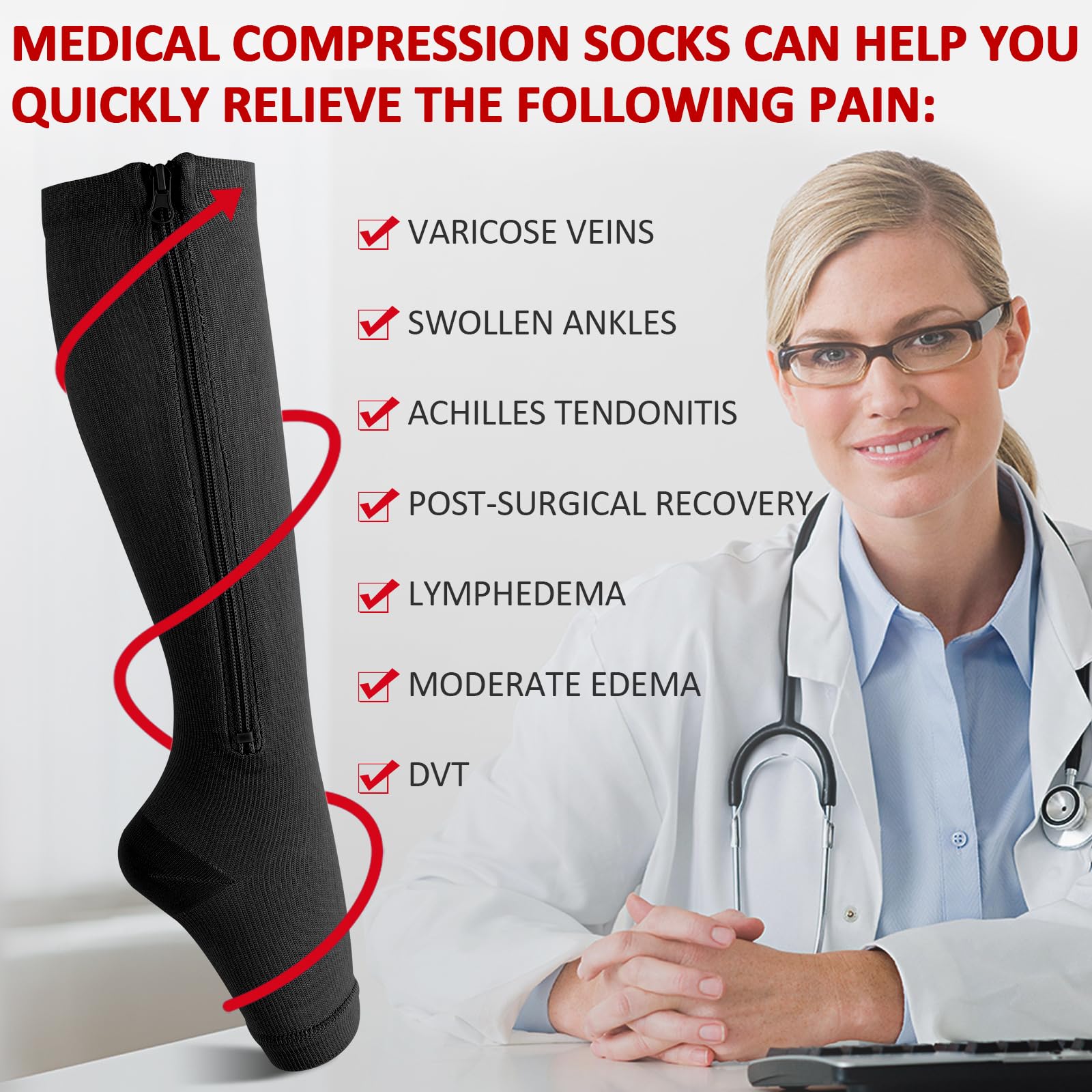 Ailaka - Calcetines de compresión para pantorrilla, con cremallera, 15-20 mmHg, hasta la rodilla, para mujeres y hombres